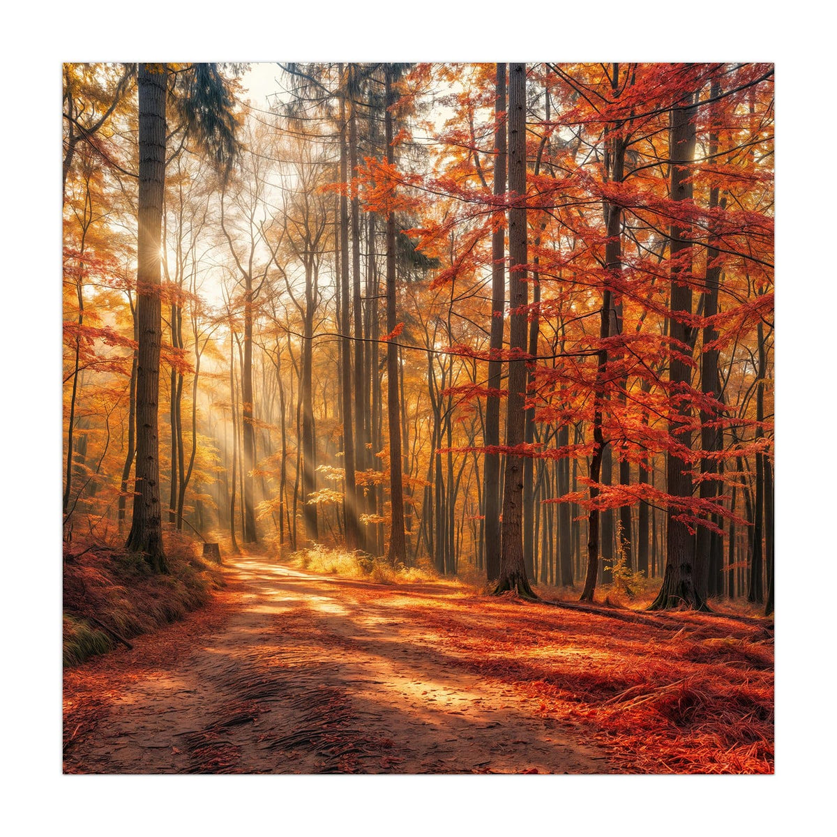Laubbedeckter Waldweg, Sonnenstrahlen fallen schräg durch rotgoldene Buchen