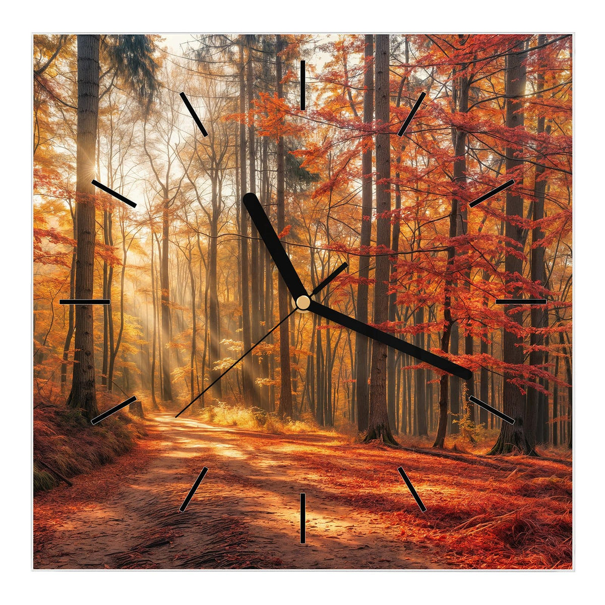 Wanduhr aus Glas, Ziffernblatt Linie mit Motiv Waldweg im Herbstlicht: Laubbedeckter Waldweg, Sonnenstrahlen fallen schräg durch rotgoldene Buchen