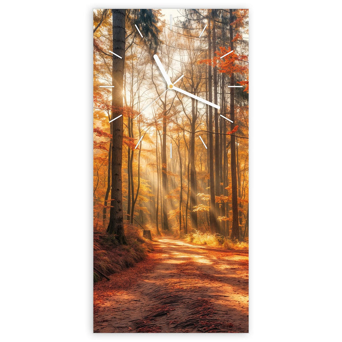 Wanduhr Herbstlicher Waldweg aus Glas – Hochformat 30 × 60 cm mit Ziffernblatt Linie