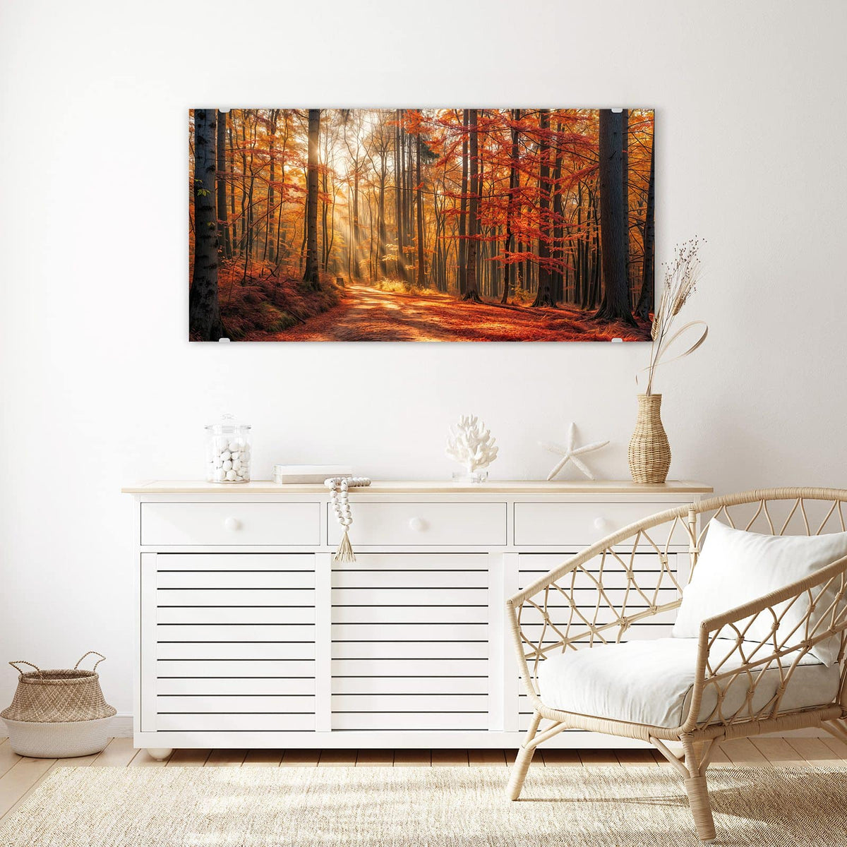 Echtglas, 4 mm – kein Acryl, keine Folie – Wandbild - Waldweg im Herbstlicht - Querformat
