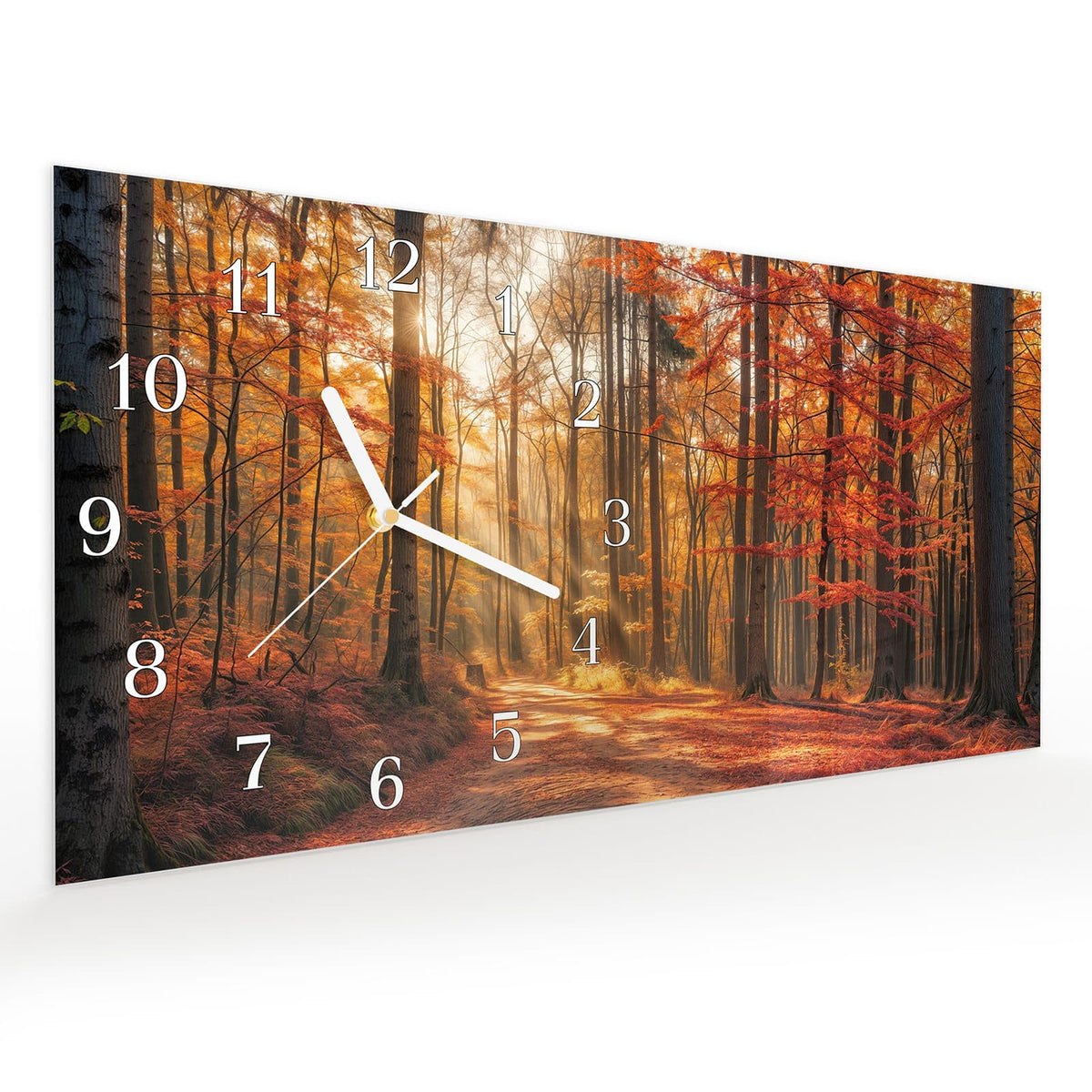 Vormontiert – mit Schwebeeffekt – Wanduhr Herbstlicher Waldweg aus Glas – Querformat 60 × 30 cm