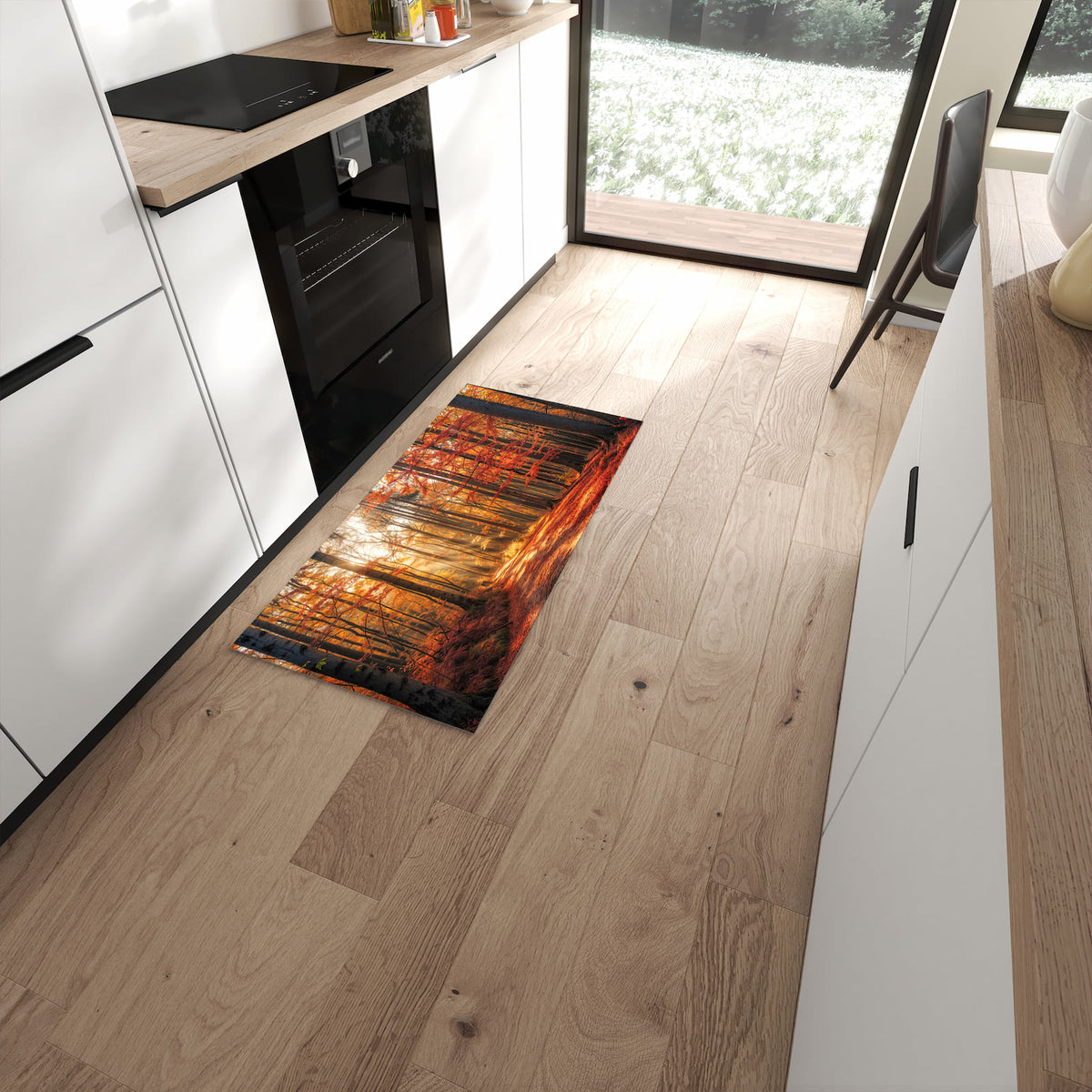 Langlebiger Küchenläufer mit Motiv Herbstlicher Waldweg in moderner Küche #grösse_60 x 120 cm