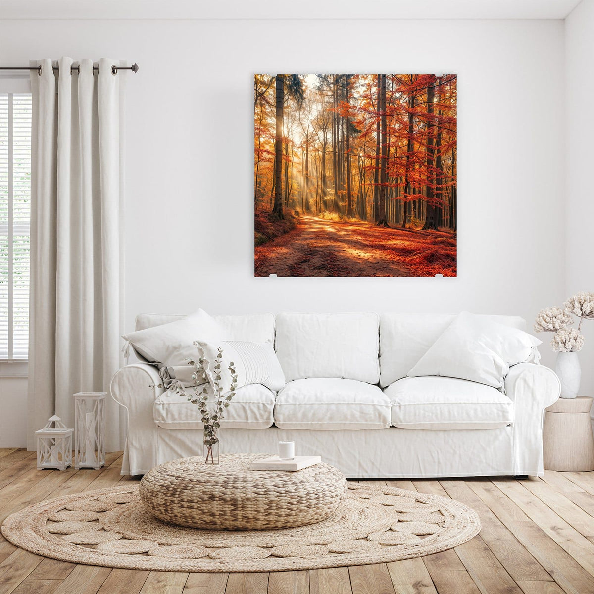 Glasbild Waldweg im Herbstlicht an der Wand – Laubbedeckter Waldweg, Sonnenstrahlen fallen schräg durch rotgoldene Buchen