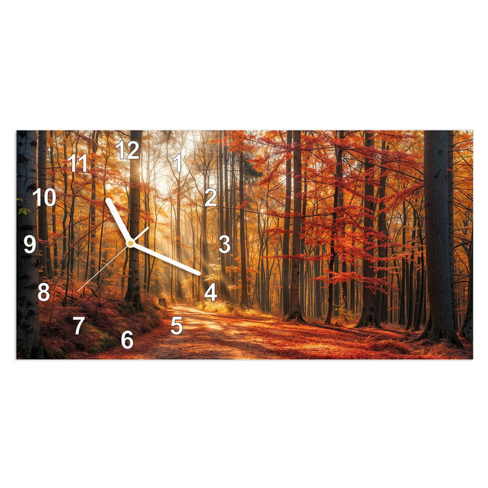 Wanduhr Herbstlicher Waldweg aus Glas – Querformat 60 × 30 cm mit Ziffernblatt Modern