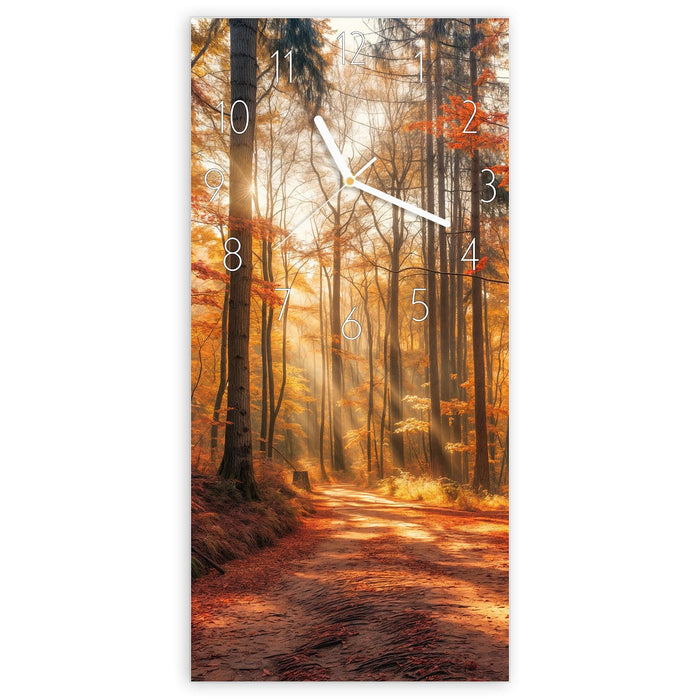 Wanduhr Herbstlicher Waldweg aus Glas – Hochformat 30 × 60 cm mit Ziffernblatt Elegant