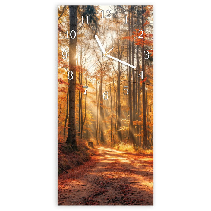 Wanduhr Herbstlicher Waldweg aus Glas – Hochformat 30 × 60 cm mit Ziffernblatt Klassisch