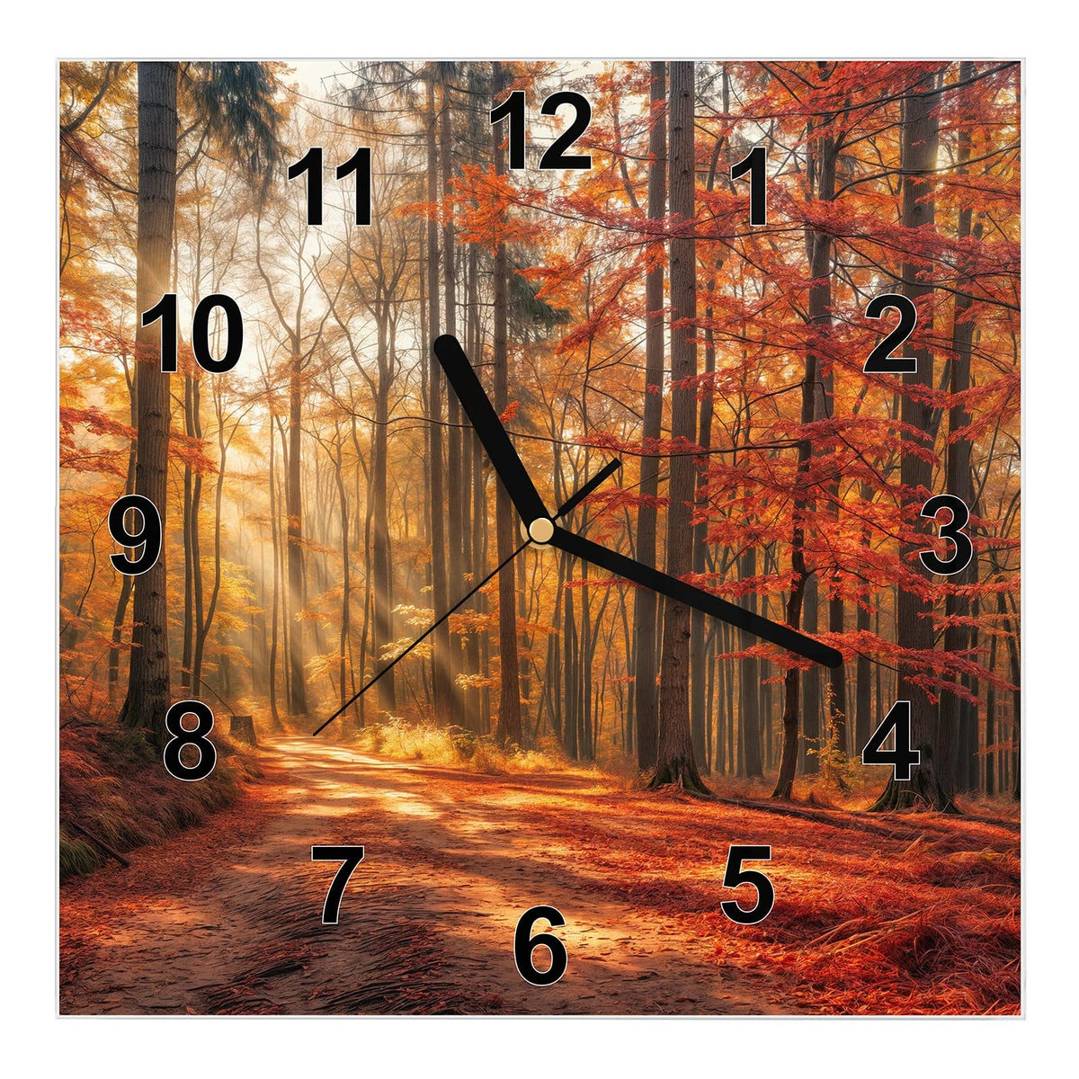 Wanduhr aus Glas, Ziffernblatt Modern mit Motiv Waldweg im Herbstlicht: Laubbedeckter Waldweg, Sonnenstrahlen fallen schräg durch rotgoldene Buchen #ziffernblatt_Modern