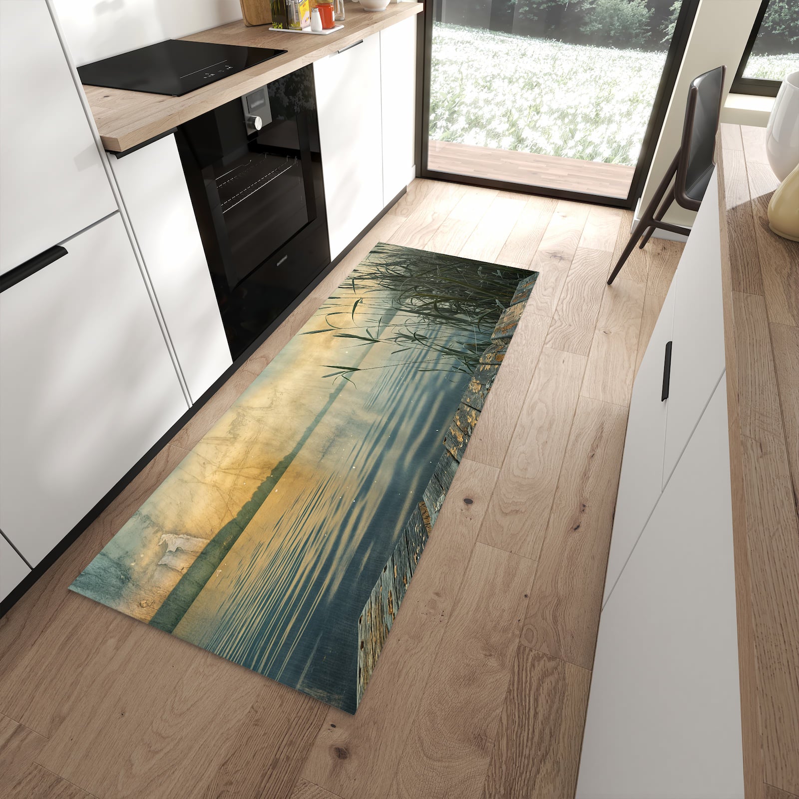 Rutschfester Küchenläufer mit Motiv Seeufer Abendstimmung in moderner Küche