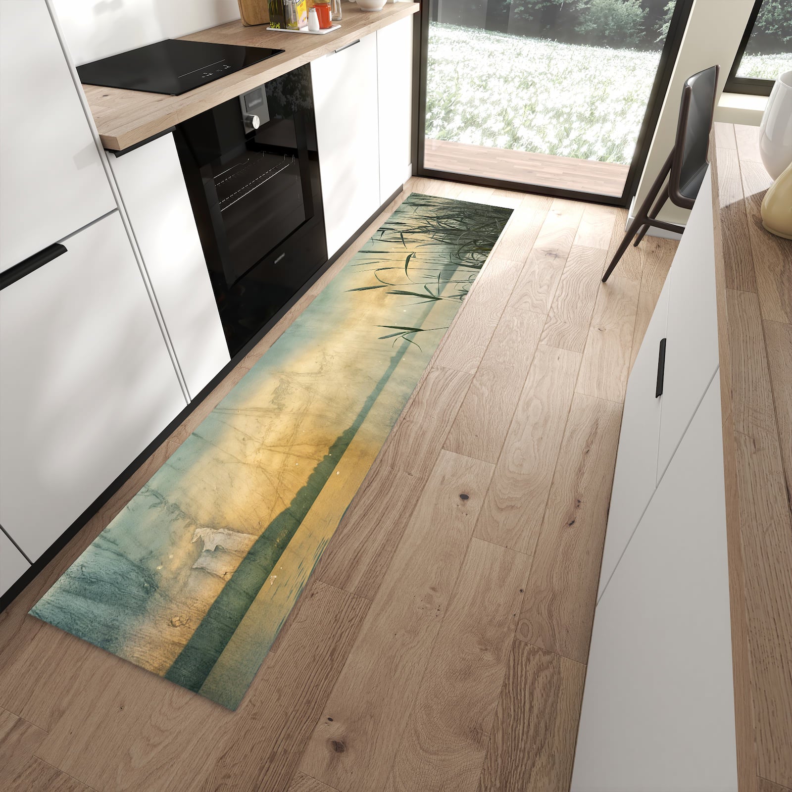 Flacher Küchenteppich mit Motiv Seeufer Abendstimmung in moderner Küche