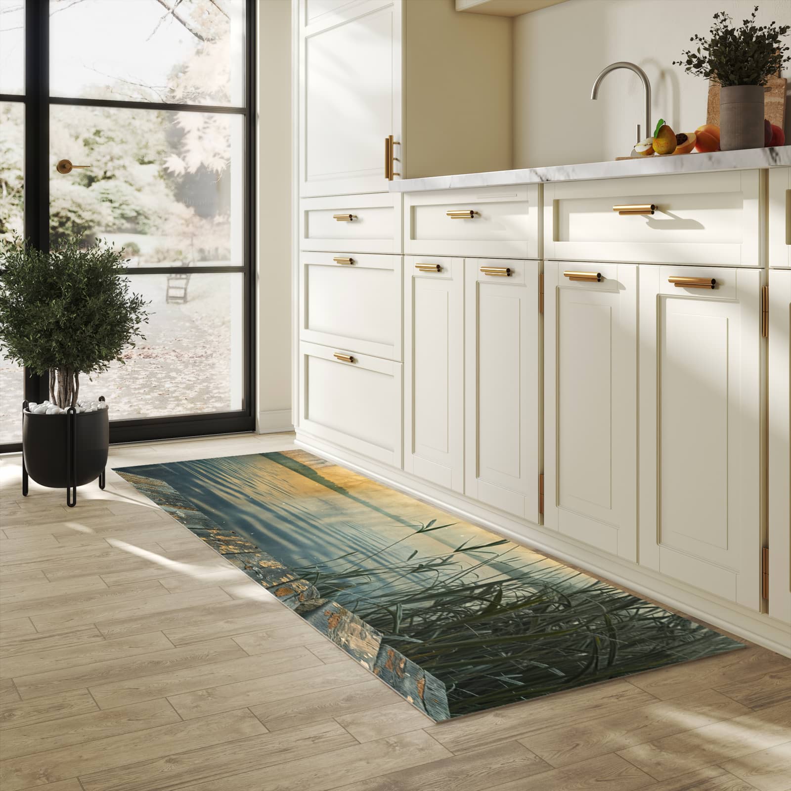 Wasserabweisender Küchenläufer mit Motiv Seeufer Abendstimmung in heller Küche