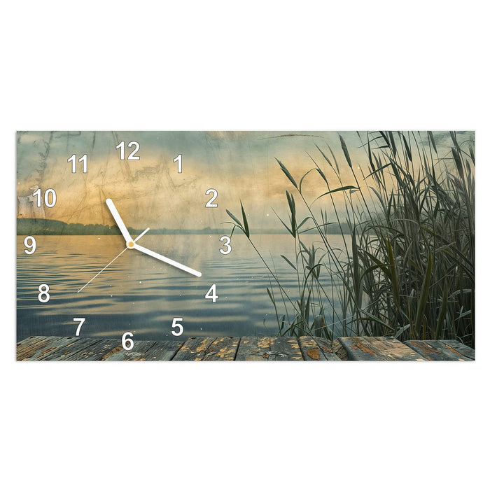 Wanduhr Seeufer Abendstimmung aus Glas – Querformat 60 × 30 cm mit Ziffernblatt Modern