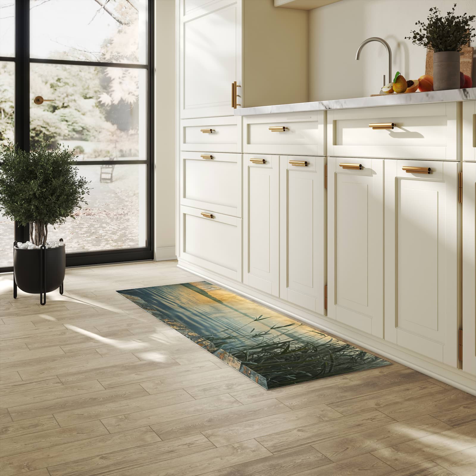 Waschbarer Küchenteppich mit Motiv Seeufer Abendstimmung in heller Küche für sichere Aufbewahrung