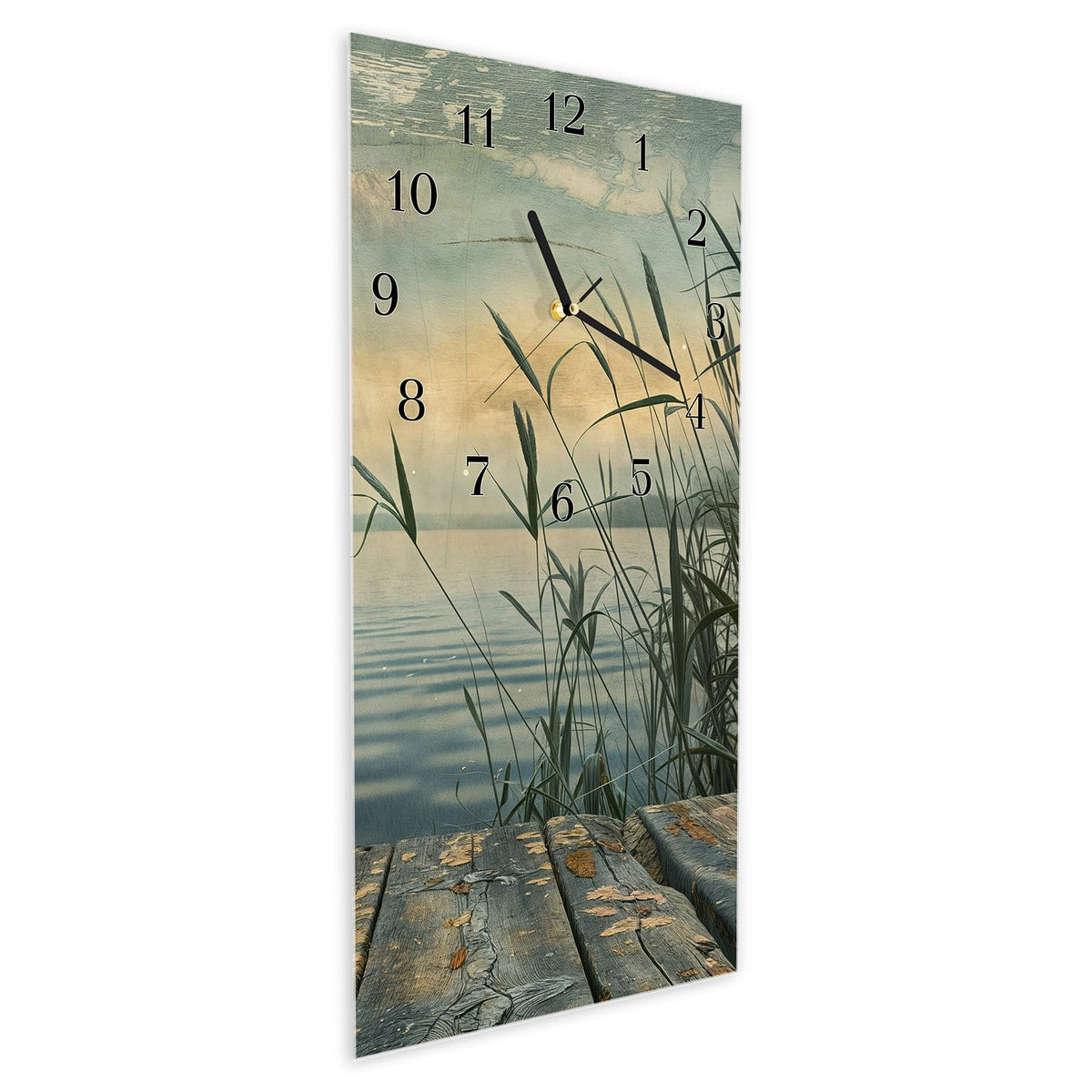 Vormontiert – mit Schwebeeffekt – Wanduhr Seeufer Abendstimmung aus Glas – Hochformat 30 × 60 cm
