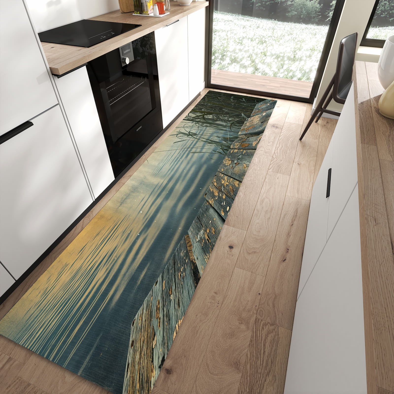 Hygienischer Küchenteppich mit Motiv Seeufer Abendstimmung in moderner Küche - waschbar