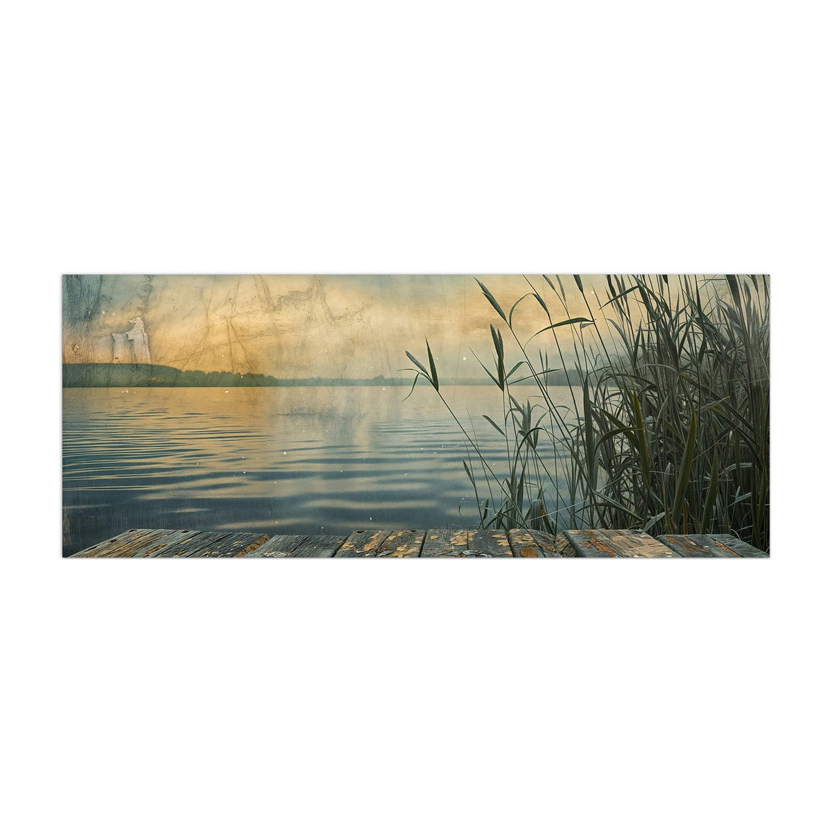 Küchenrückwand aus Glas Steg am Schilfsee im Hochformat, Motiv bildfüllend von vorn