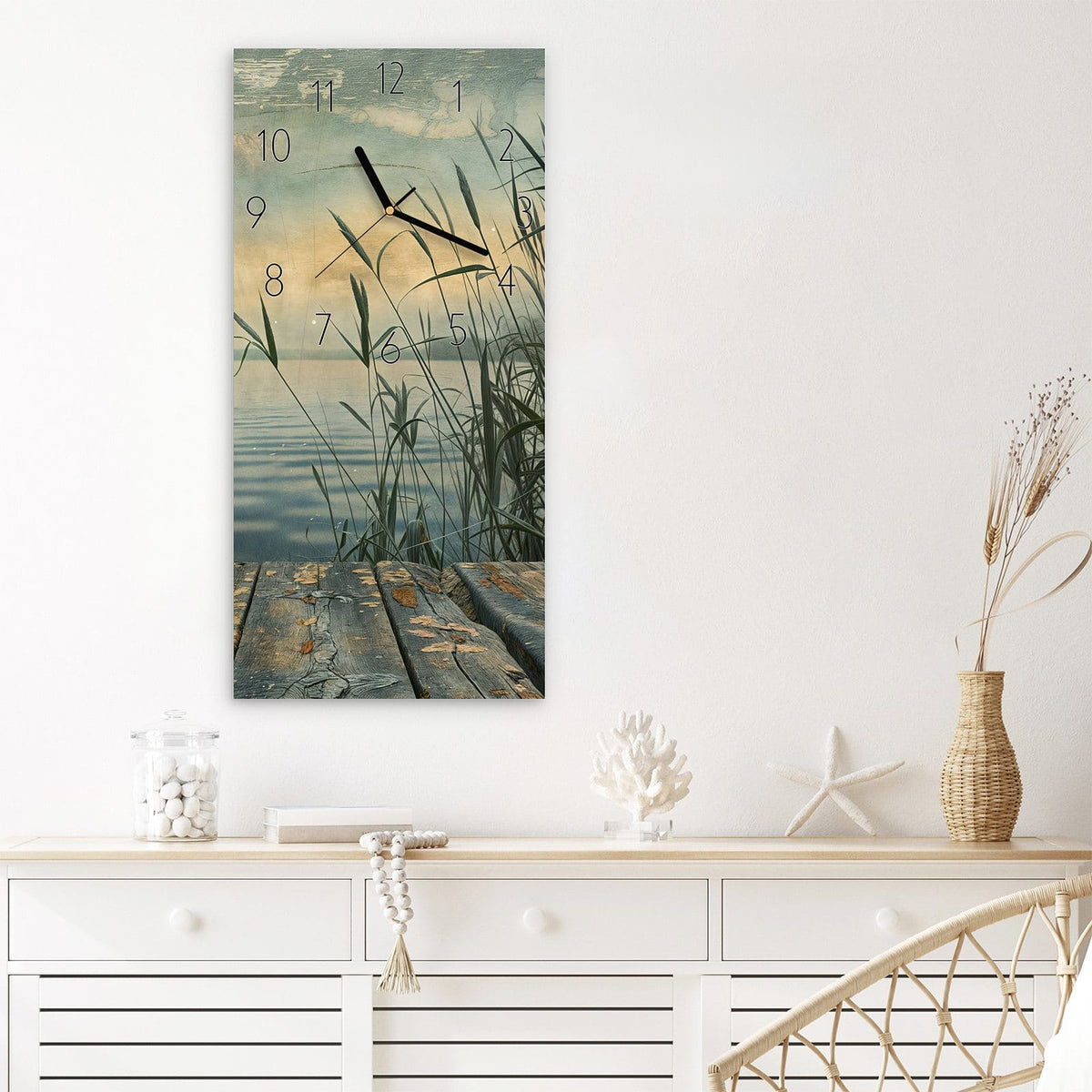 Wanduhr Seeufer Abendstimmung aus Glas – Holzsteg am stillen Abendsee