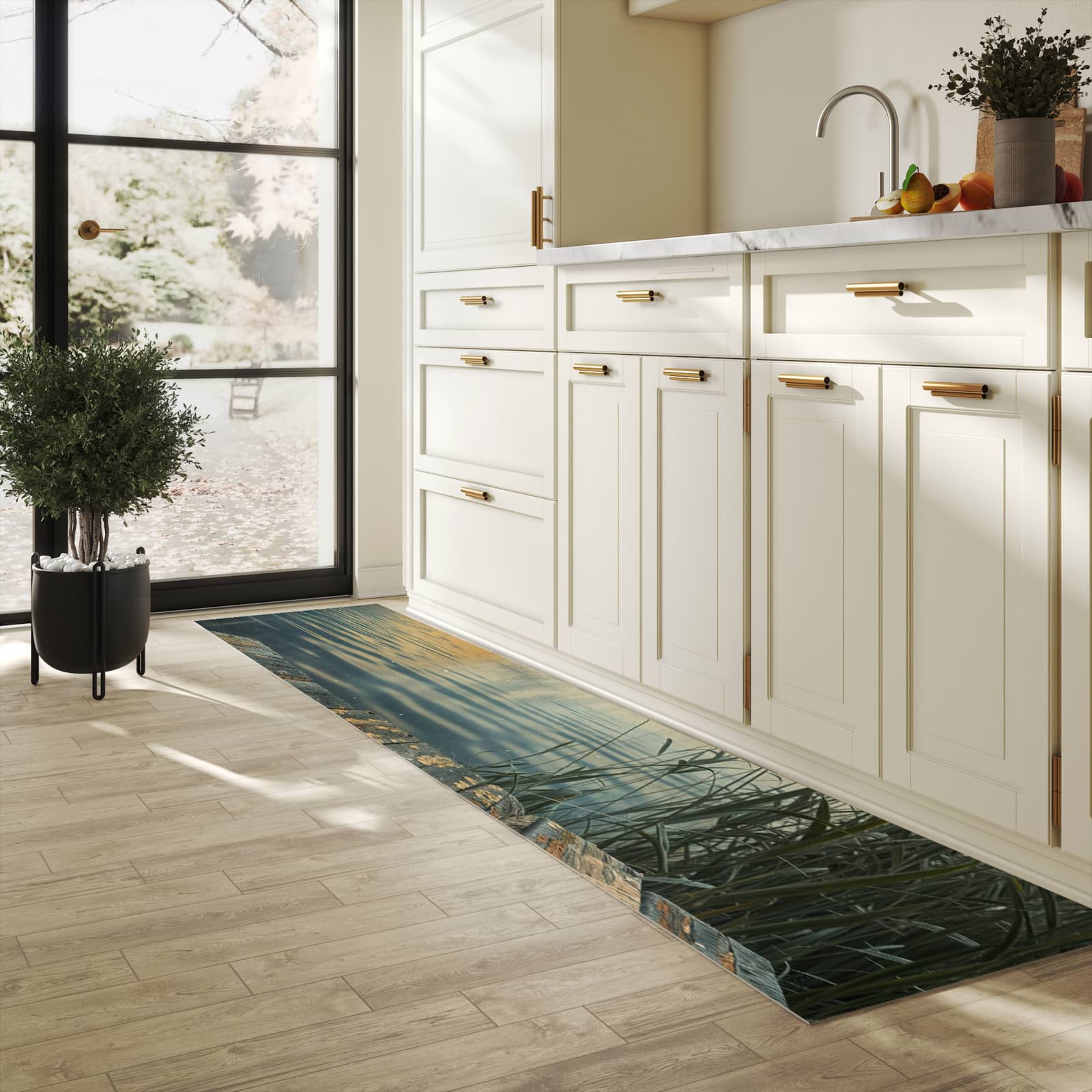 Abriebfester Küchenteppich mit Motiv Seeufer Abendstimmung in heller Küche