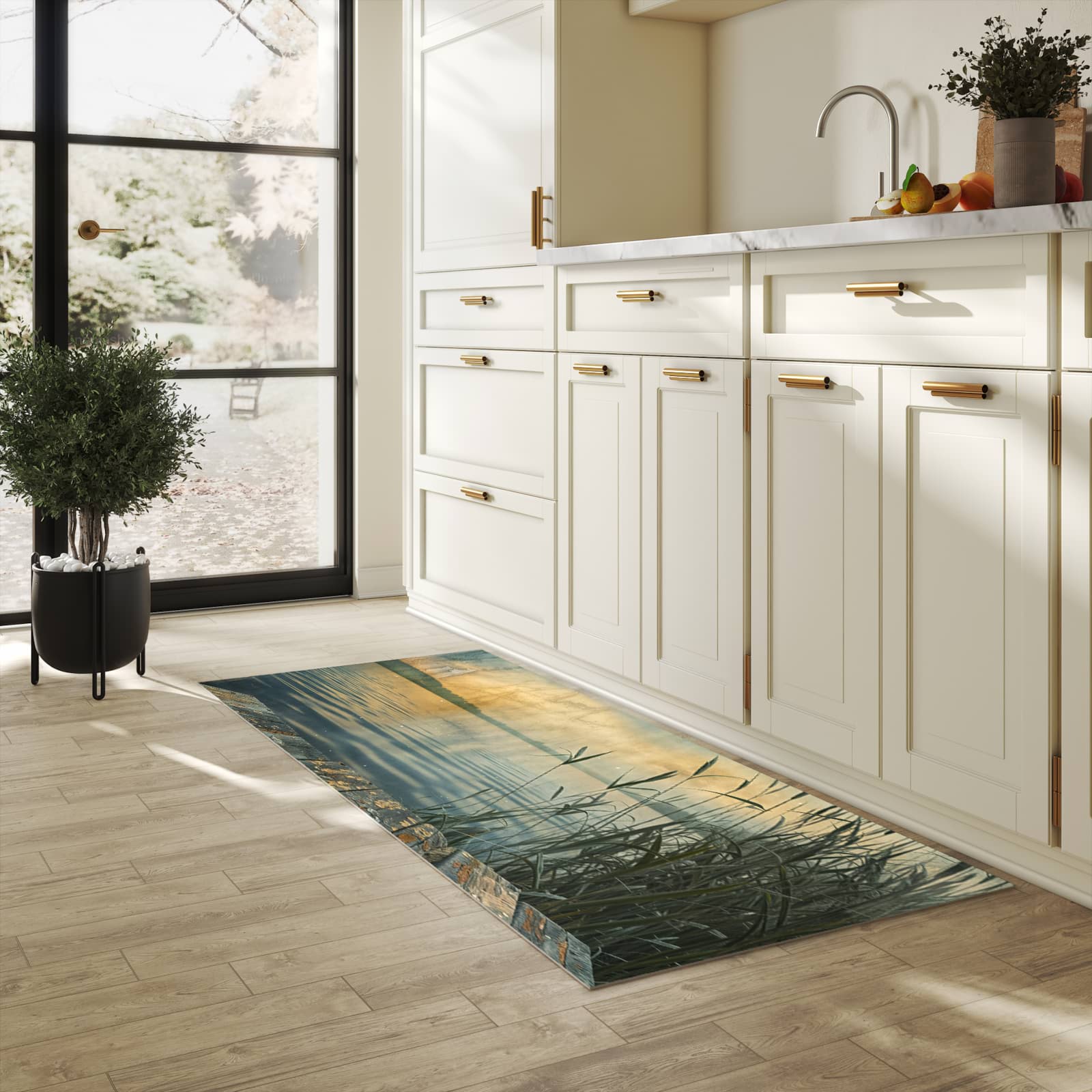 Komfortabler Küchenläufer mit Motiv Seeufer Abendstimmung in heller Küche
