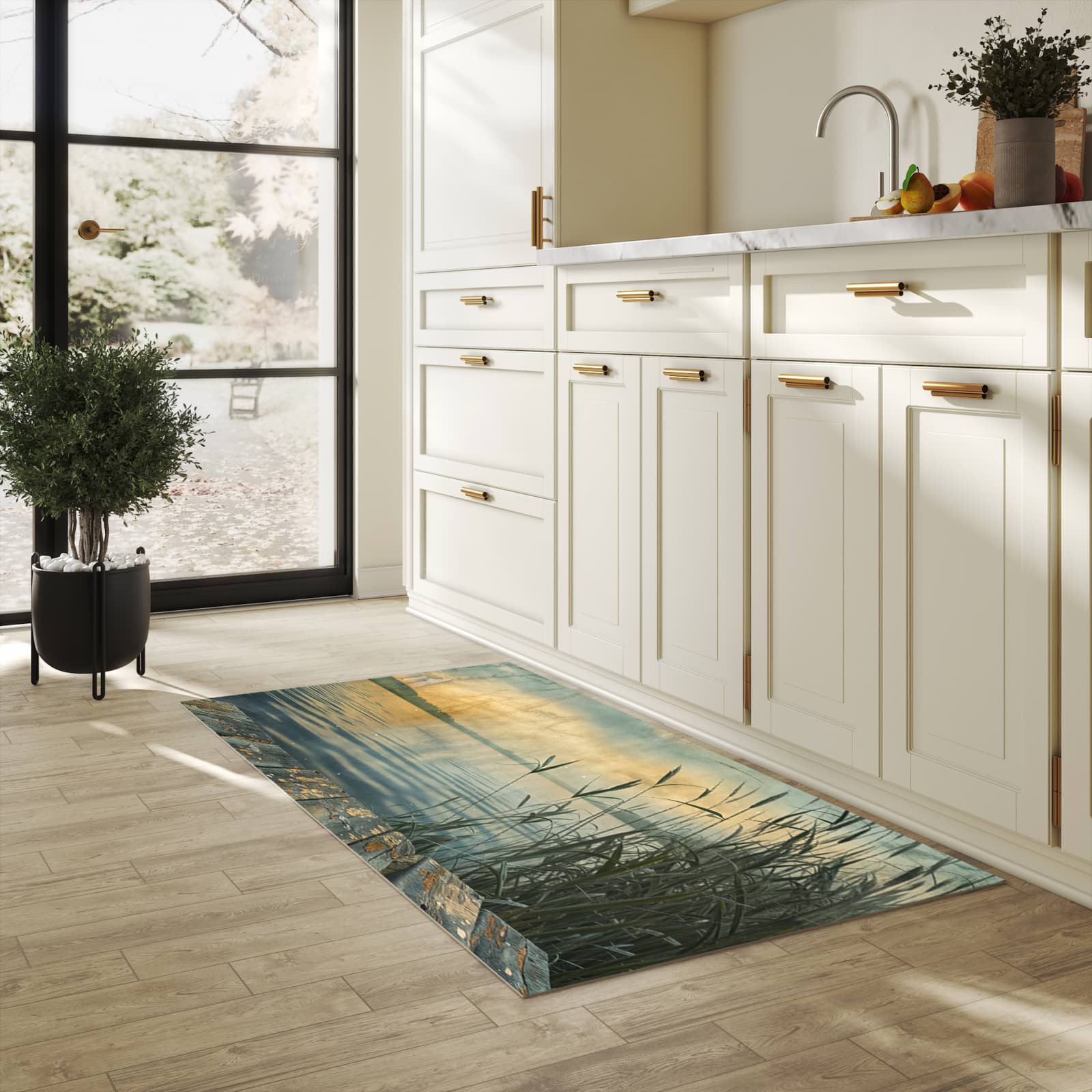 Geruchsneutraler rutschfester Küchenläufer mit Motiv Seeufer Abendstimmung in heller Küche