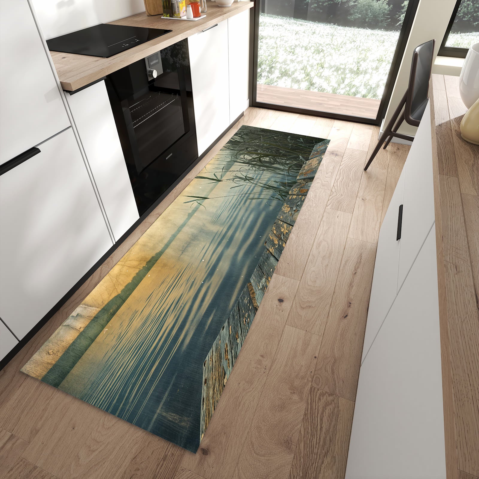 Pflegeleichter Küchenläufer mit Motiv Seeufer Abendstimmung in moderner Küche