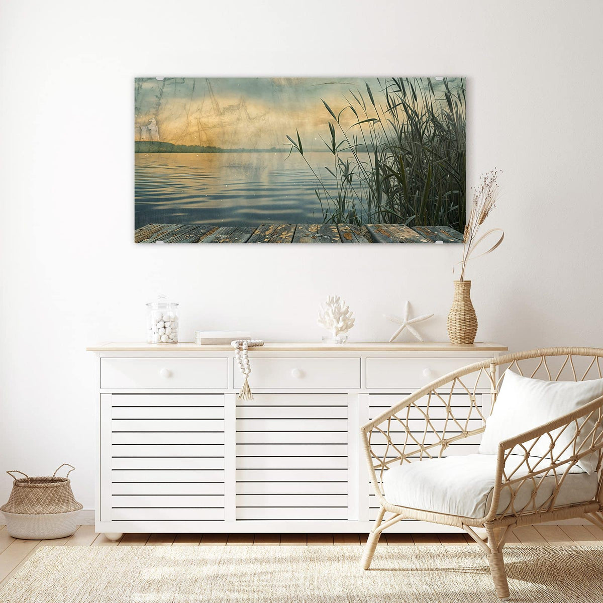 Echtglas, 4 mm – kein Acryl, keine Folie – Wandbild - Steg am Schilfsee - Querformat