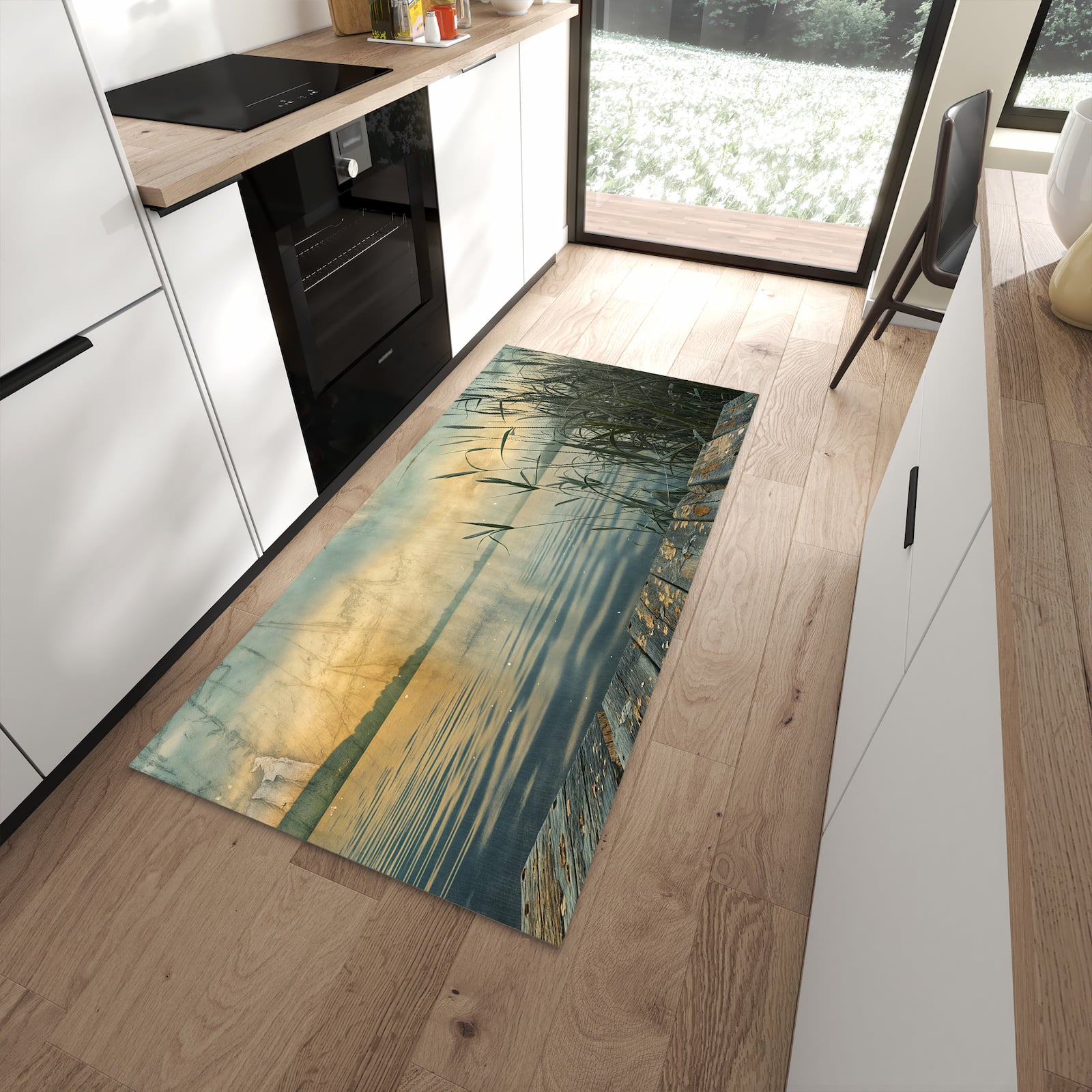 Strapazierfähiger Küchenläufer mit Motiv Seeufer Abendstimmung in moderner Küche