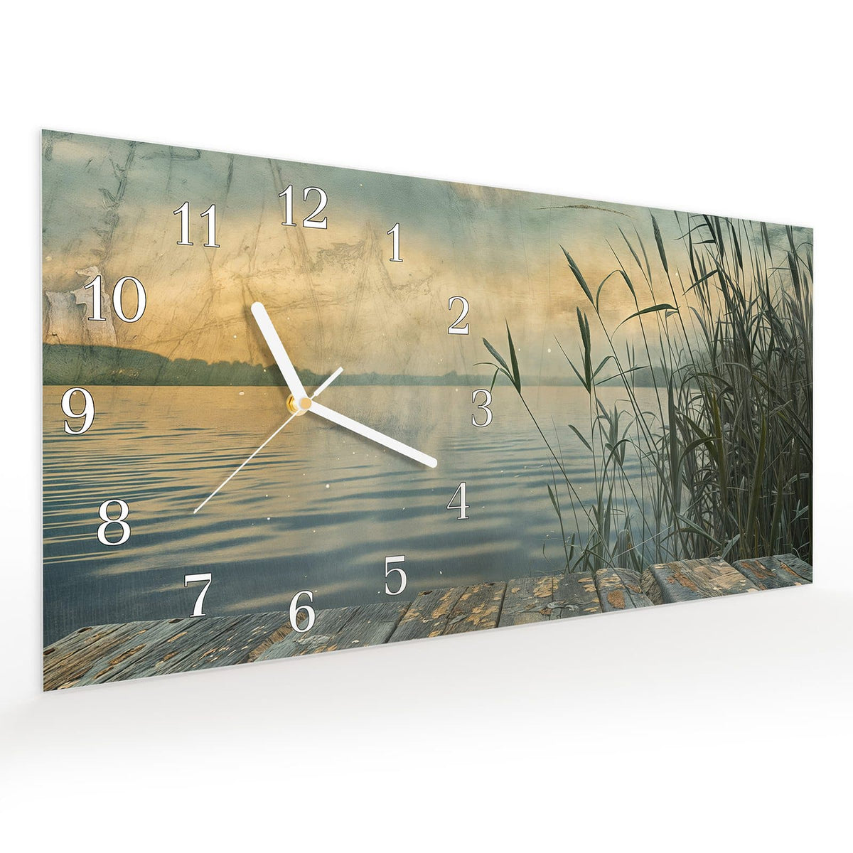Vormontiert – mit Schwebeeffekt – Wanduhr Seeufer Abendstimmung aus Glas – Querformat 60 × 30 cm