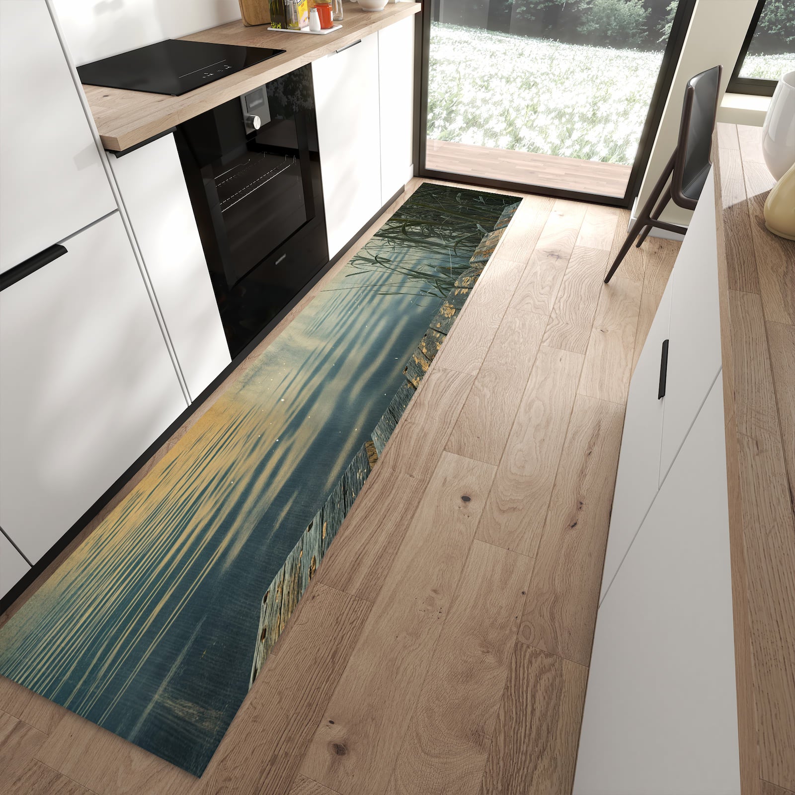 Pflegeleichter Läufer für die Küche mit Motiv Seeufer Abendstimmung in moderner Küche