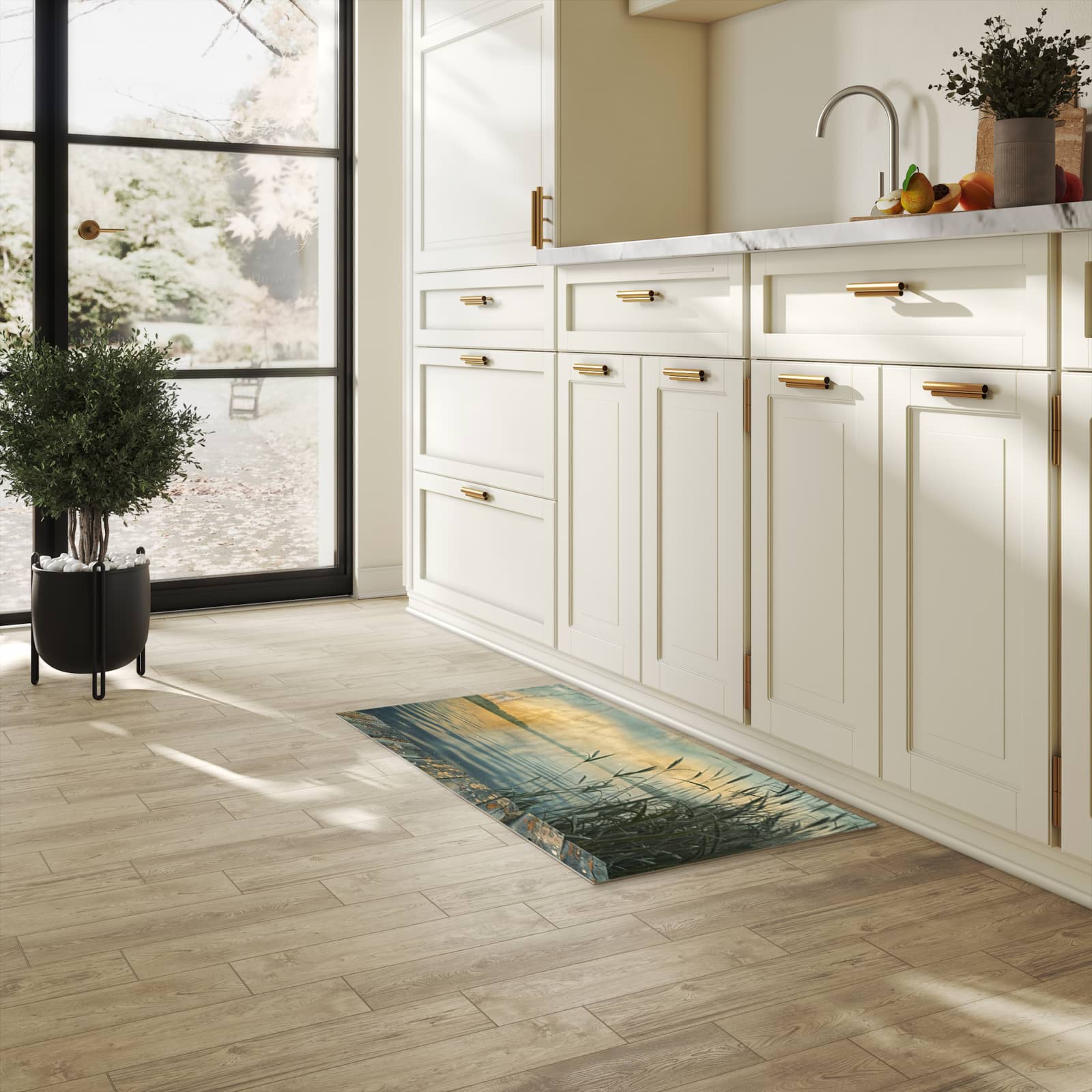 Farbbeständiger Küchenteppich mit Motiv Seeufer Abendstimmung in heller Küche