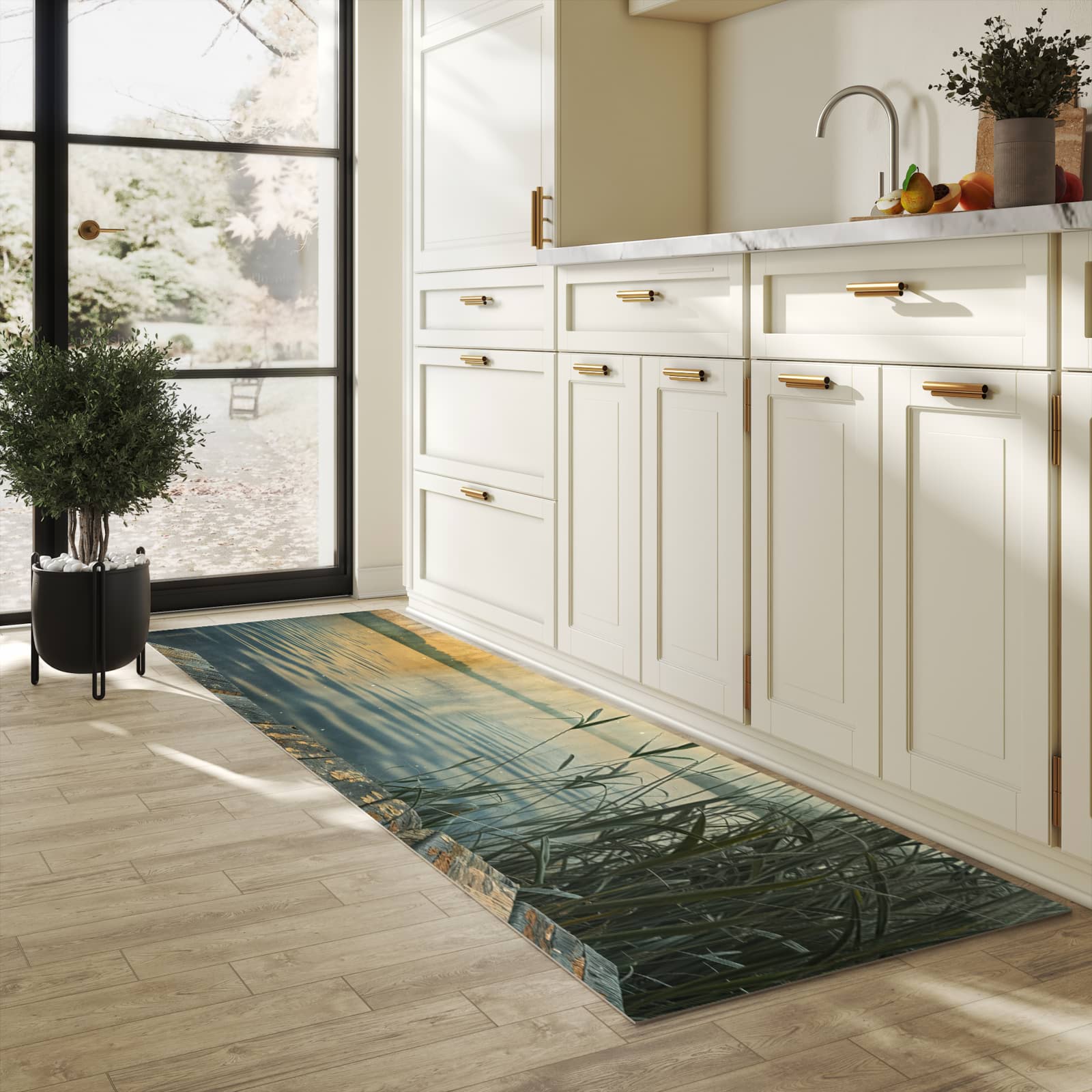 Fleckenresistenter Küchenläufer mit Motiv Seeufer Abendstimmung in heller Küche
