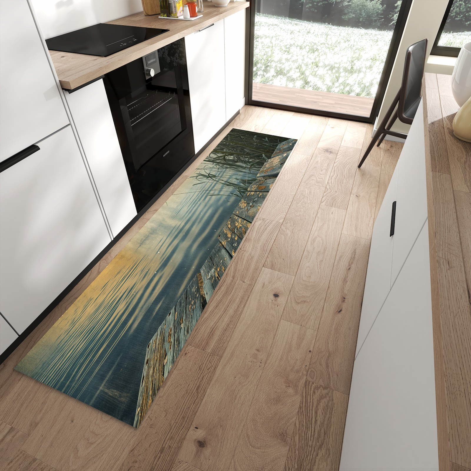Langlebiger Küchenteppich mit Motiv Seeufer Abendstimmung in moderner Küche