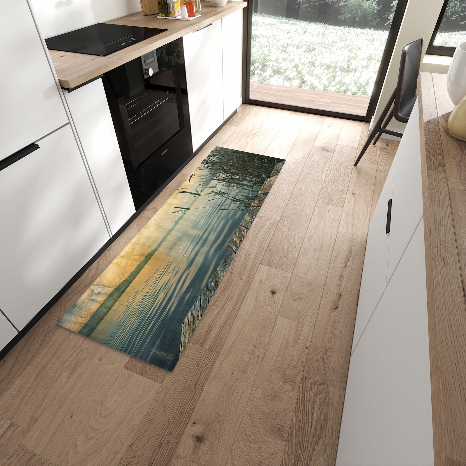 Geruchsneutraler Küchenteppich mit Motiv Seeufer Abendstimmung in moderner Küche