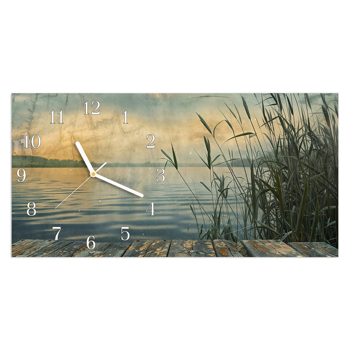 Wanduhr Seeufer Abendstimmung aus Glas – Querformat 60 × 30 cm mit Ziffernblatt Klassisch