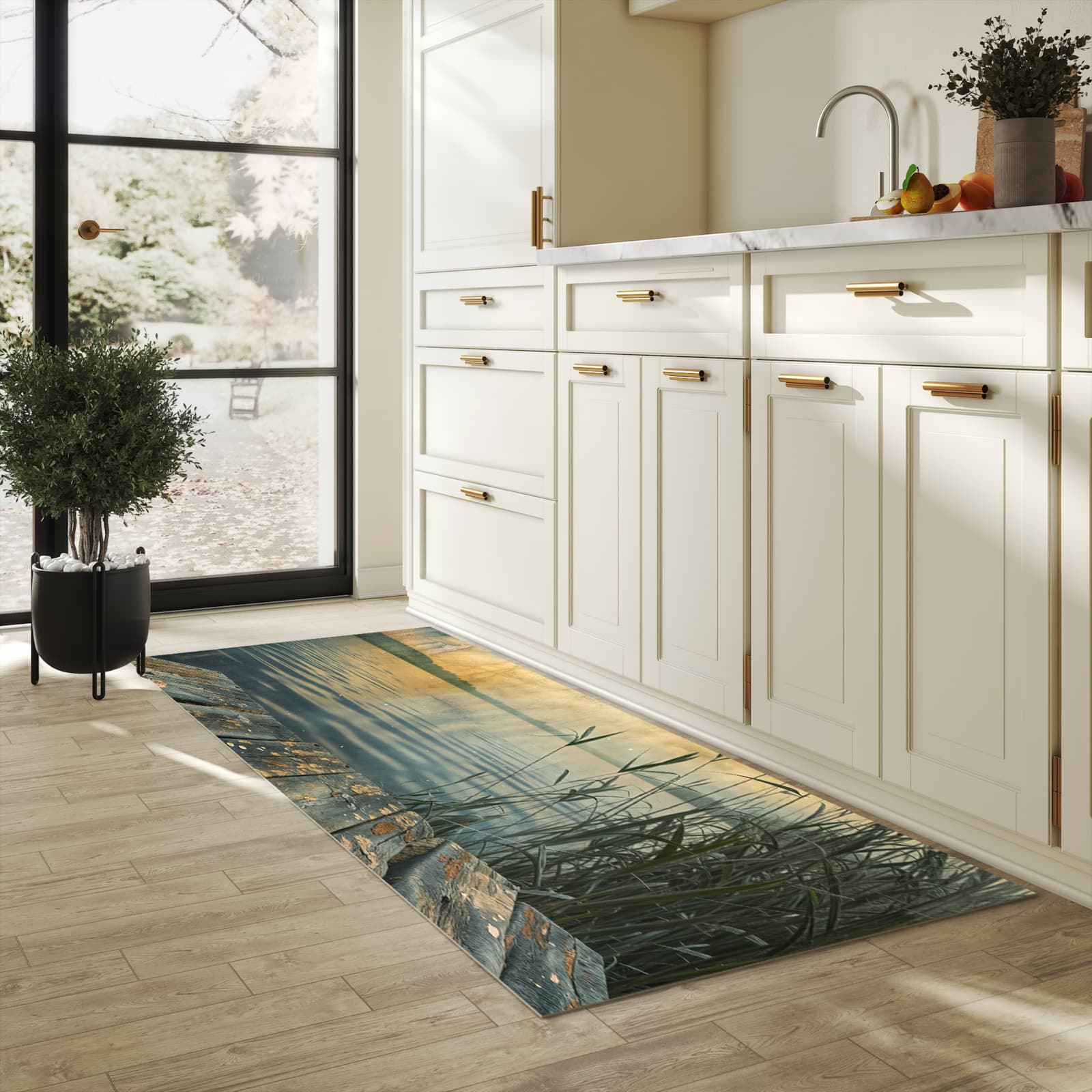 Langlebiger waschbarer Küchenläufer mit Motiv Seeufer Abendstimmung in heller Küche