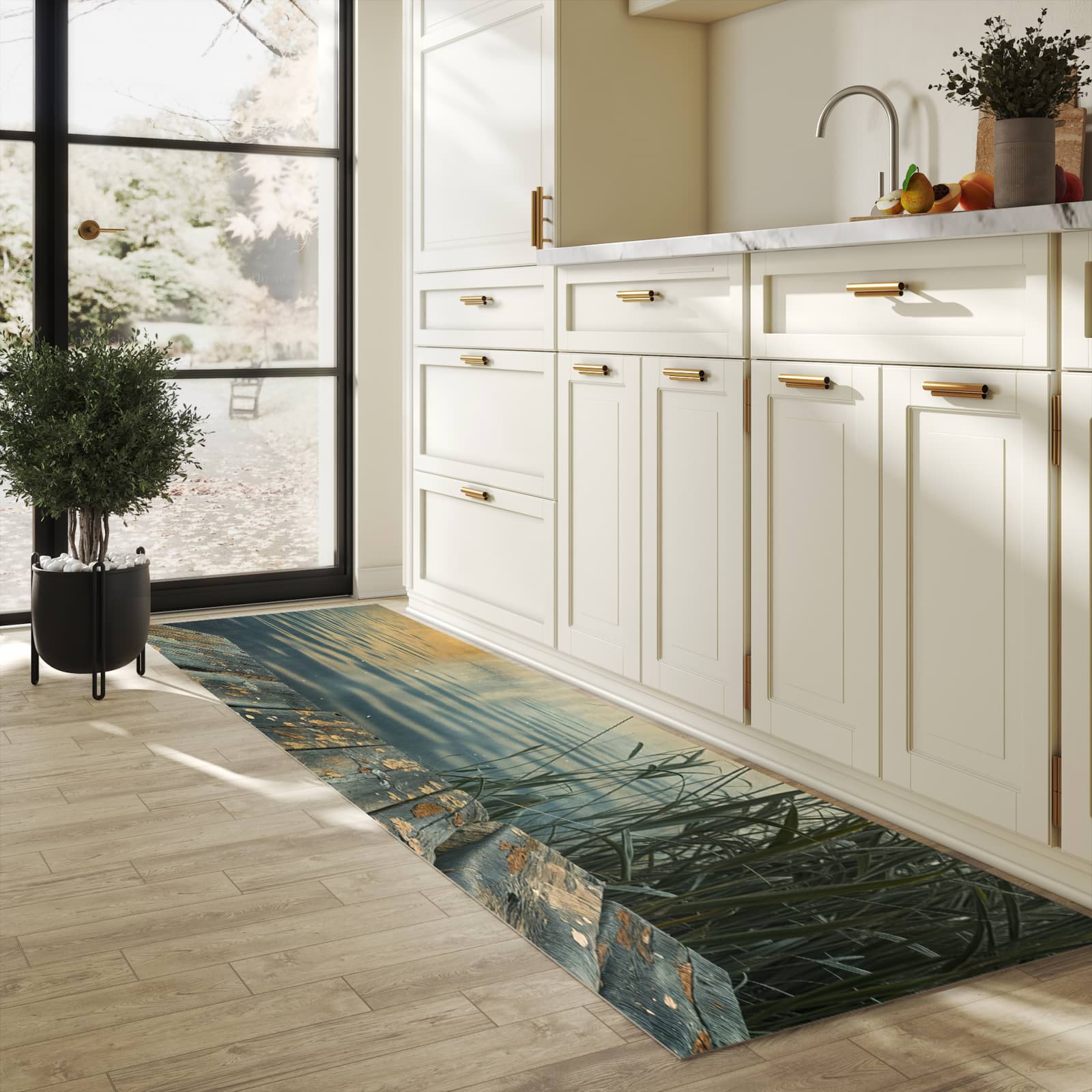 Schmutzabweisender rutschfester Küchenläufer mit Motiv Seeufer Abendstimmung in heller Küche