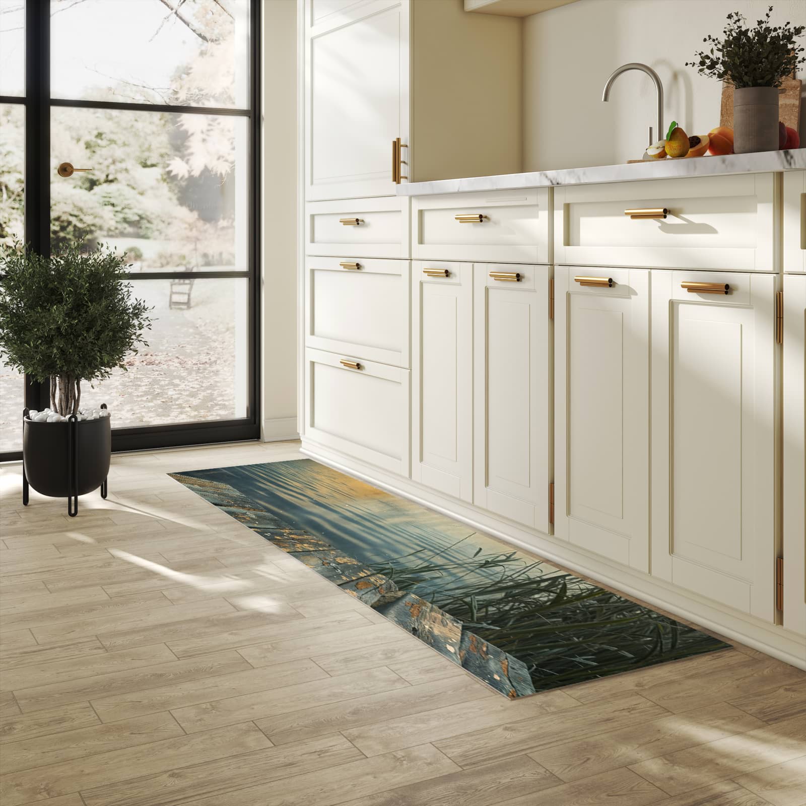 Zeitsparender großer Küchenteppich mit Motiv Seeufer Abendstimmung in heller Küche