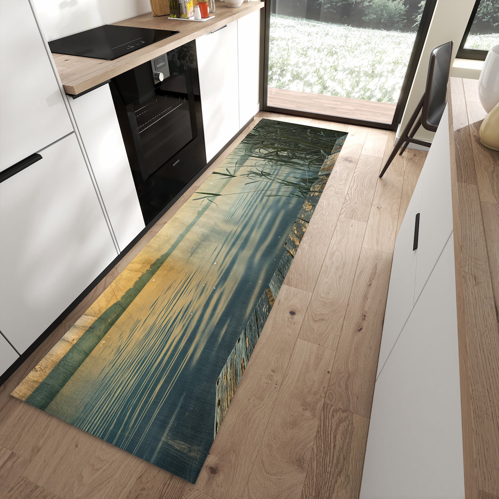 Küchenvorleger mit Motiv Seeufer Abendstimmung für angenehme Haptik in moderner Küche