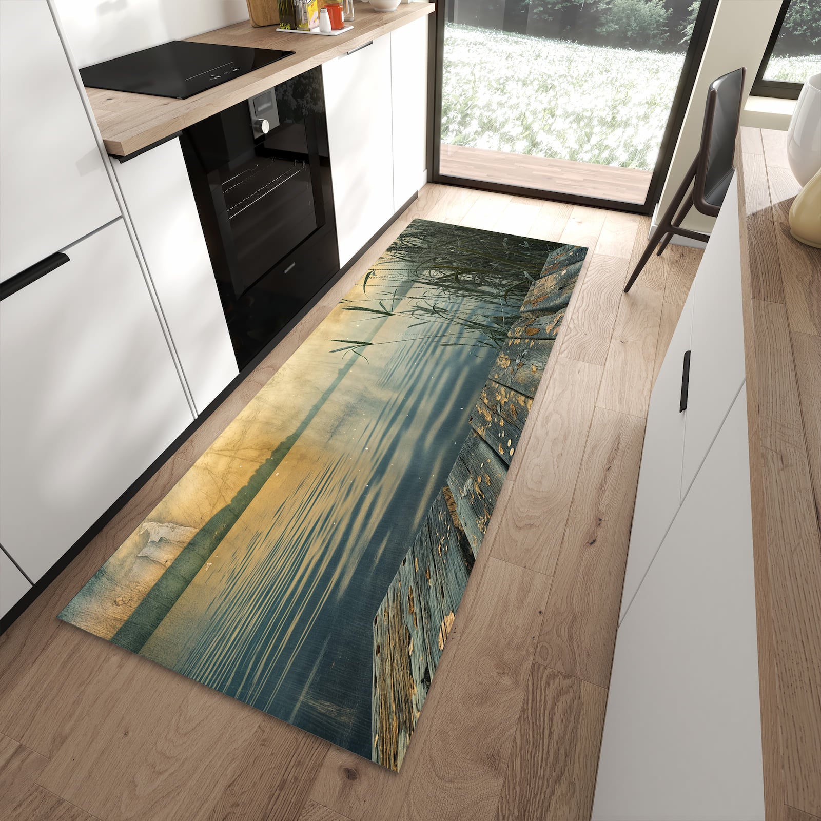 Waschbarer Küchenläufer mit Motiv Seeufer Abendstimmung in moderner Küche