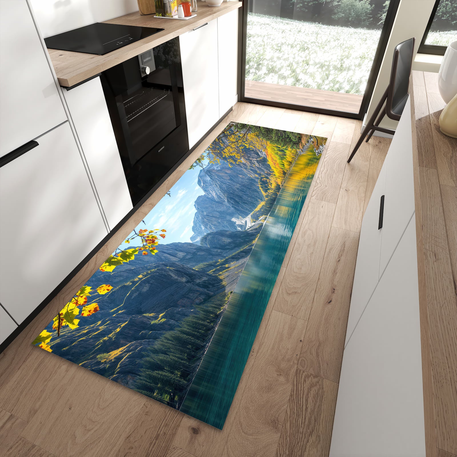 Langlebiger Küchenteppich mit Motiv Bergsee im Herbst in moderner Küche