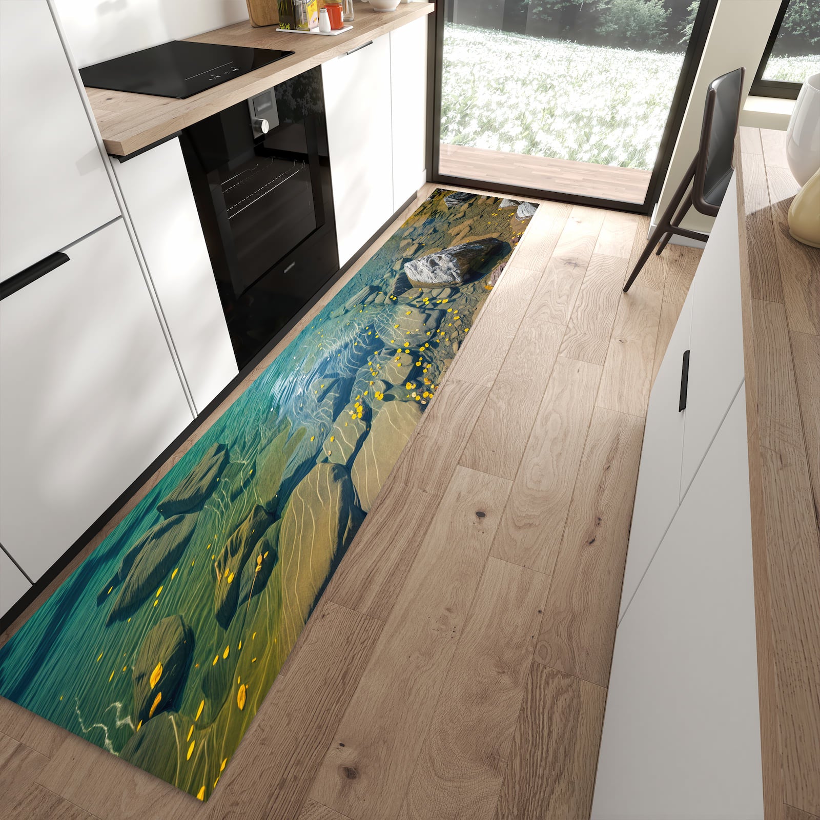 Abriebfester Küchenteppich mit Motiv Bergsee im Herbst in moderner Küche