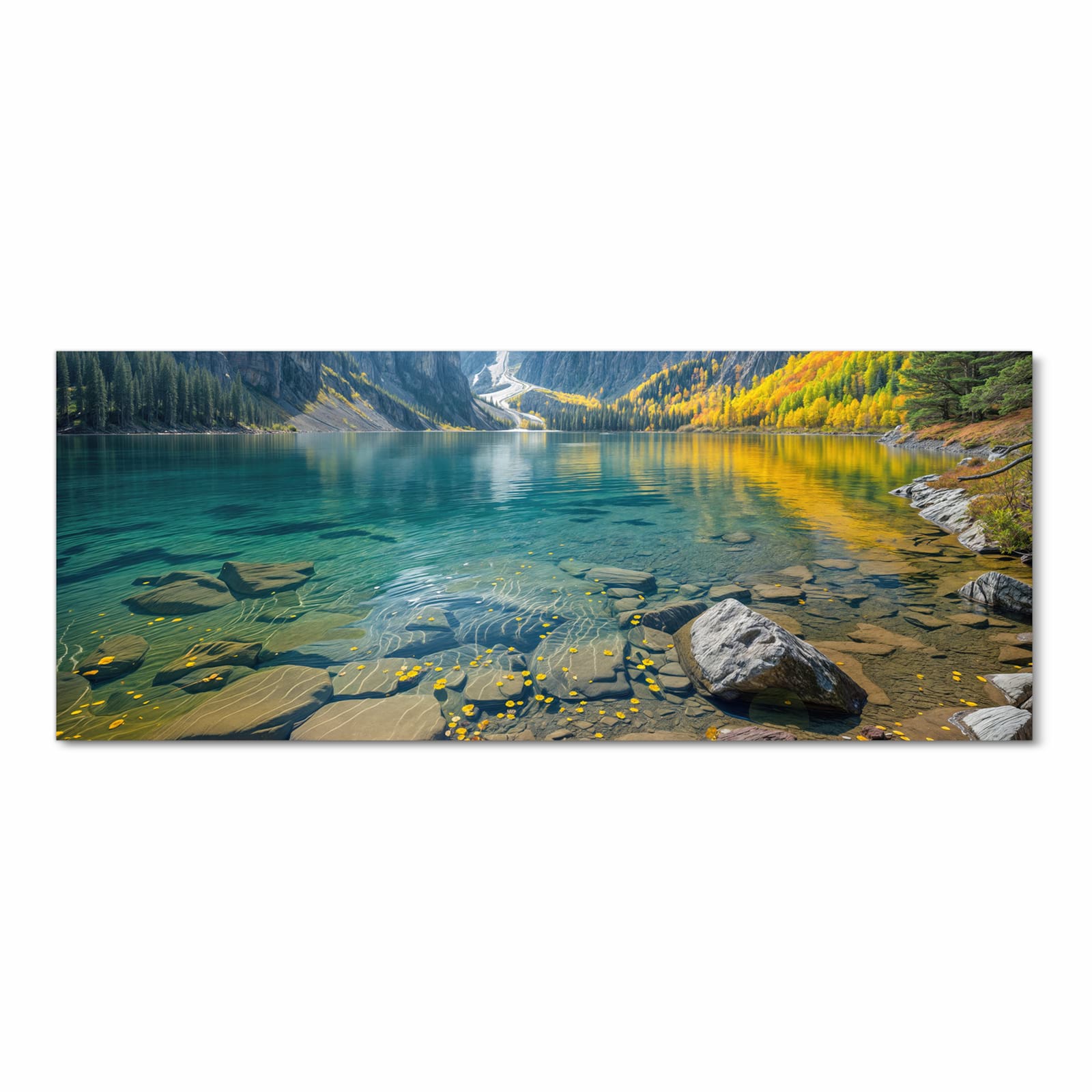 Geräuschdämpfender Küchenteppich mit Motiv Bergsee im Herbst in Frontansicht