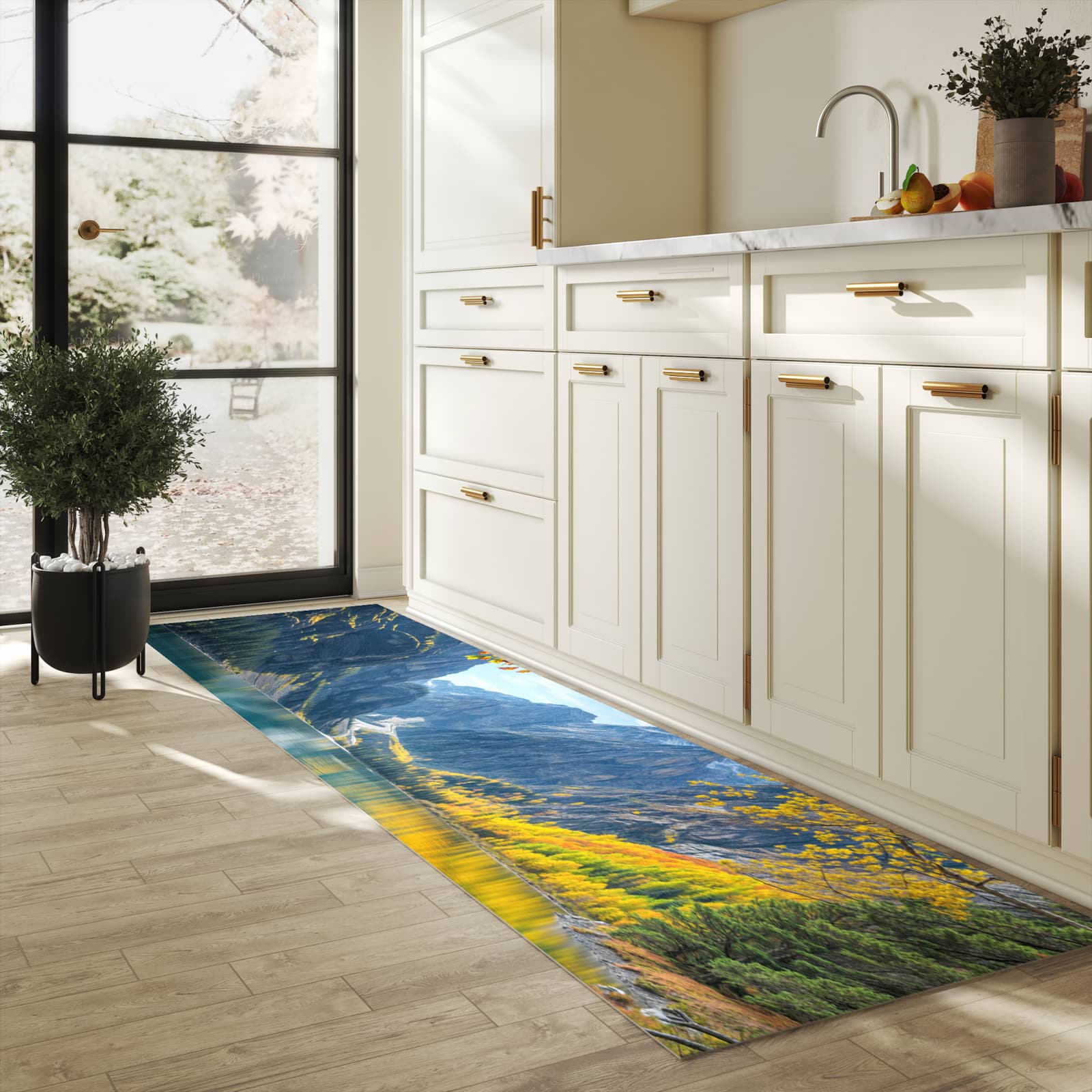 Hygienischer Küchenteppich mit Motiv Bergsee im Herbst in heller Küche