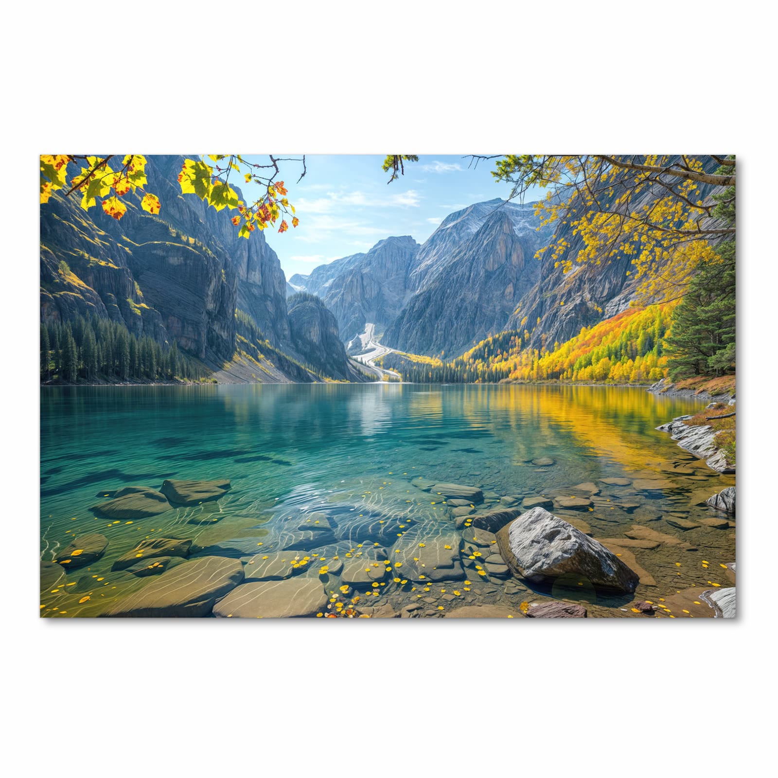 Fleckenresistenter Küchenteppich mit Motiv Bergsee im Herbst in Frontansicht für die Küche