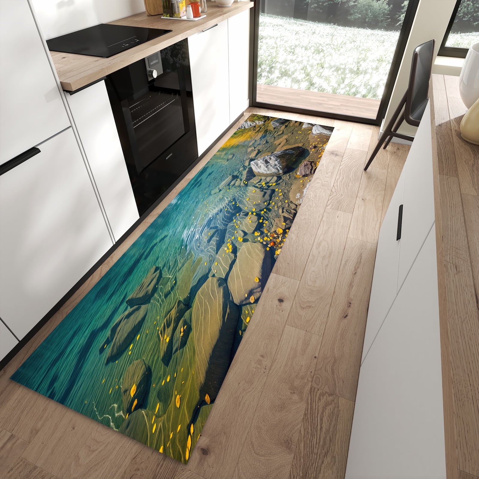 Fleckenresistenter Küchenteppich mit Motiv Bergsee im Herbst in moderner Küche