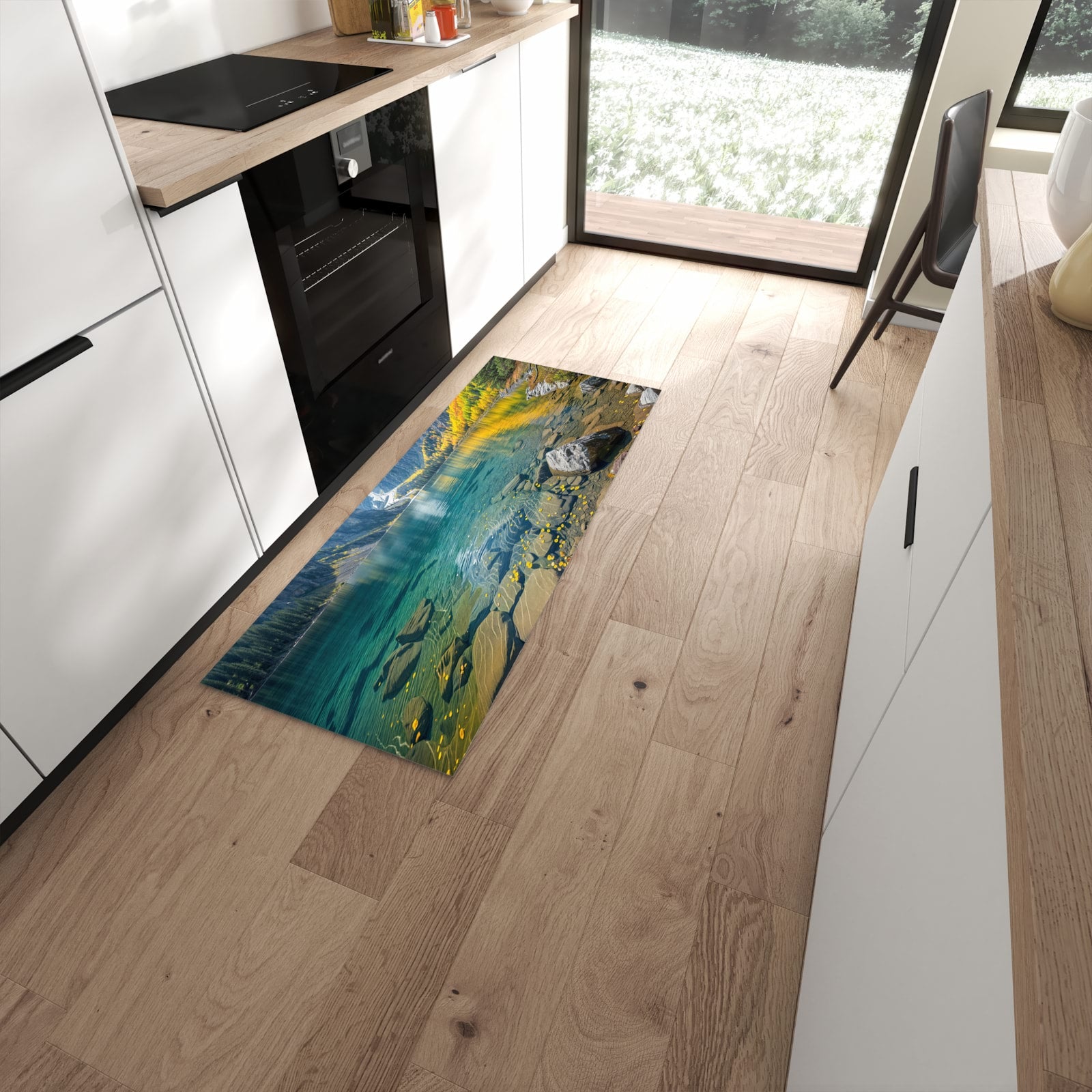 Formstabiler Küchenläufer nach Maß mit Motiv Bergsee im Herbst in moderner Küche #grösse_60 x 150 cm