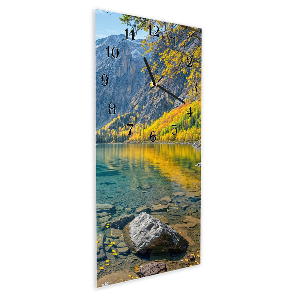 Vormontiert – mit Schwebeeffekt – Wanduhr Bergsee im Herbst aus Glas – Hochformat 30 × 60 cm