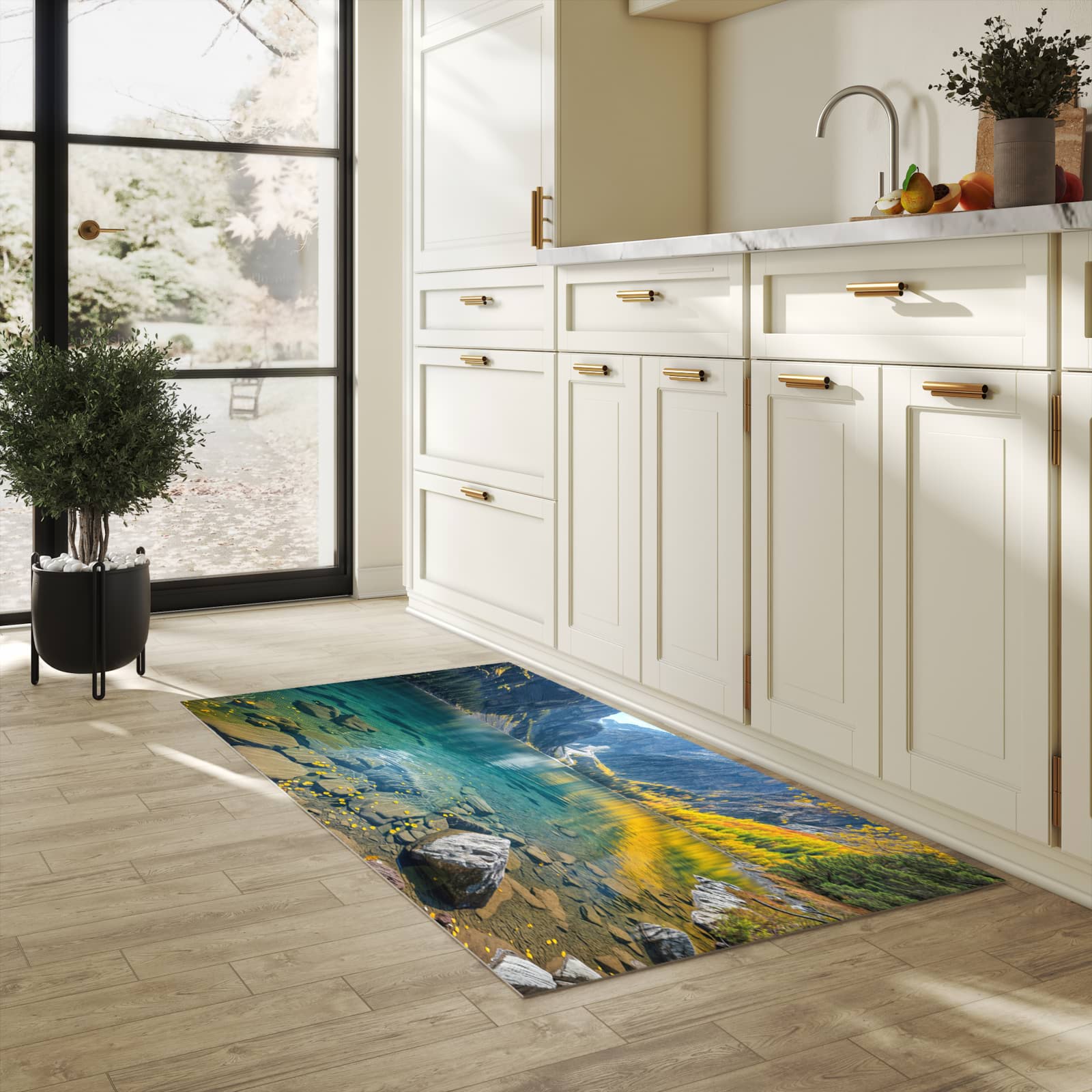 Strapazierfähiger Küchenteppich mit Motiv Bergsee im Herbst in heller Küche