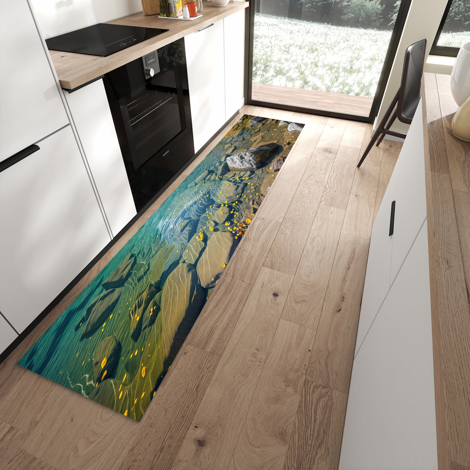 Geräuschdämpfender abwaschbarer Küchenläufer mit Motiv Bergsee im Herbst in moderner Küche