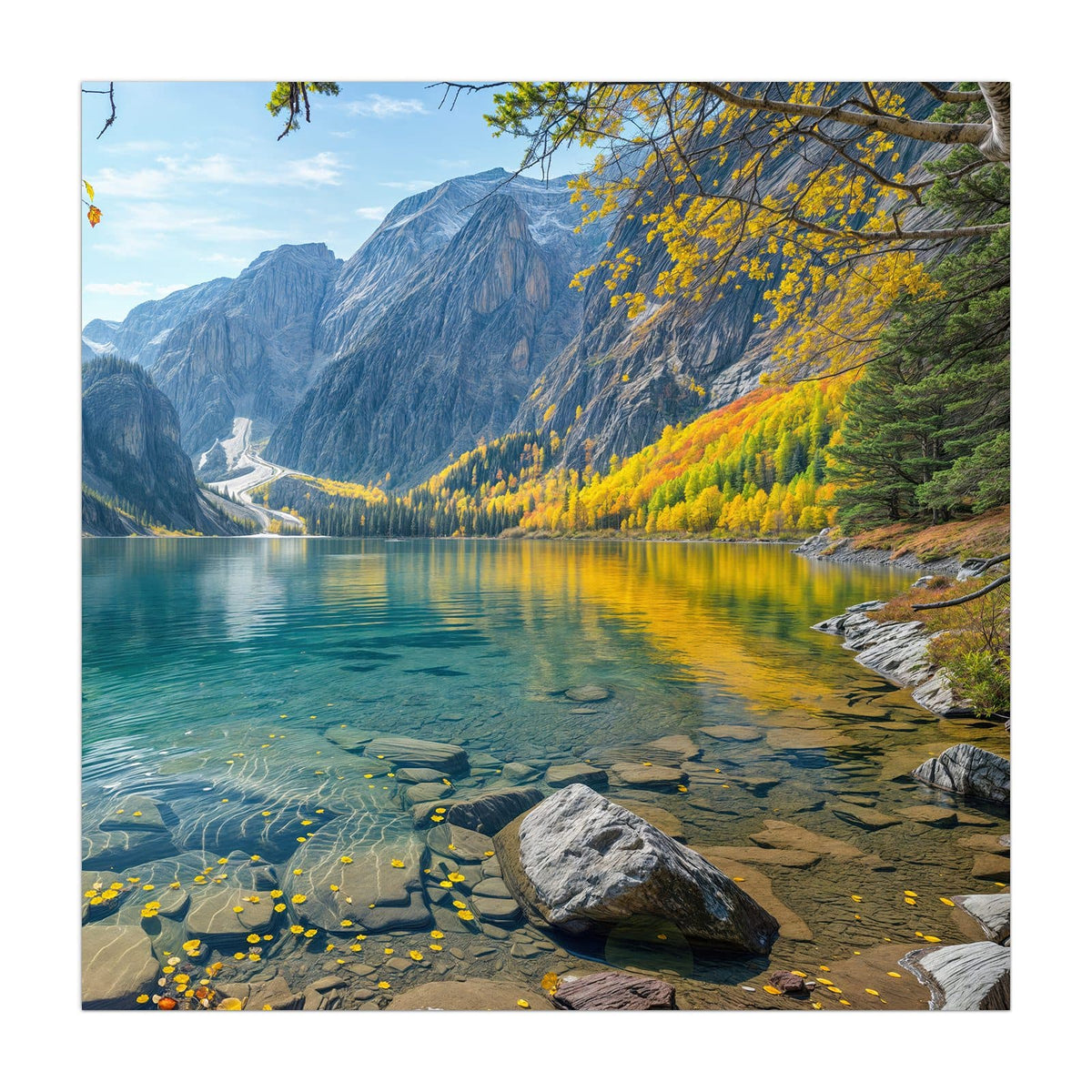 Klarer türkiser Bergsee mit Steinen im Flachwasser, Felswand und gelbes Herbstlaub