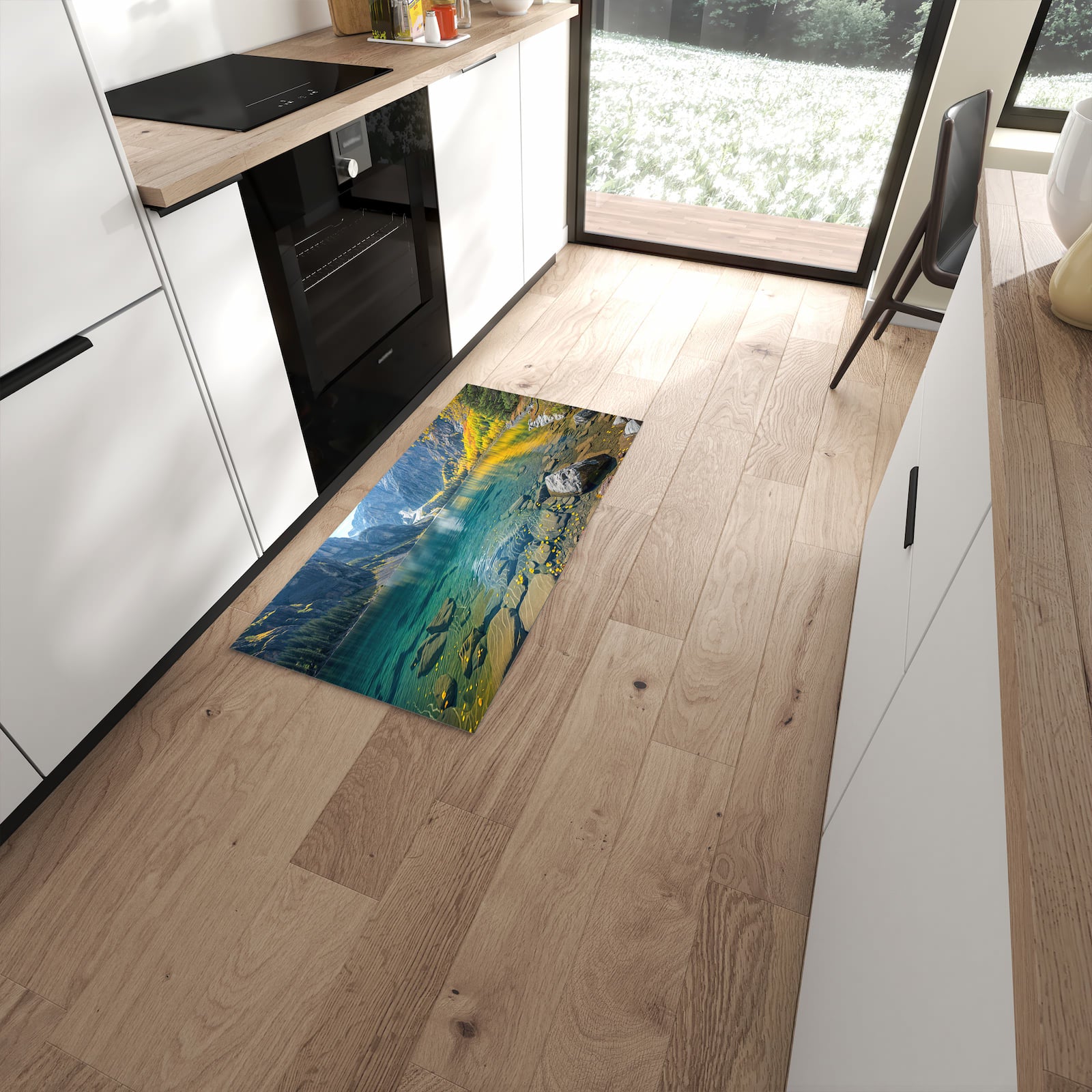 Farbbeständiger Küchenläufer mit Motiv Bergsee im Herbst in moderner Küche #grösse_60 x 120 cm